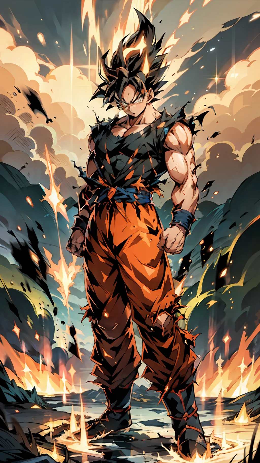 1male, solo, The Super Ice Saiyan unleashes huge energy waves that shatter the starry sky and generate huge shock waves. Standing on the ice dragon, the background is the rainstorm meteor universe. Energy waves are a mixture of orange tones with swirling patterns. (Ice Magic: 1.2), (Epic: 1.3), (Chaos Ingredients: 1.2), (Metal: 1.1), (Dark orange: 1.1), (Comic Book: 1.2), ((3D)), (((Actual))),