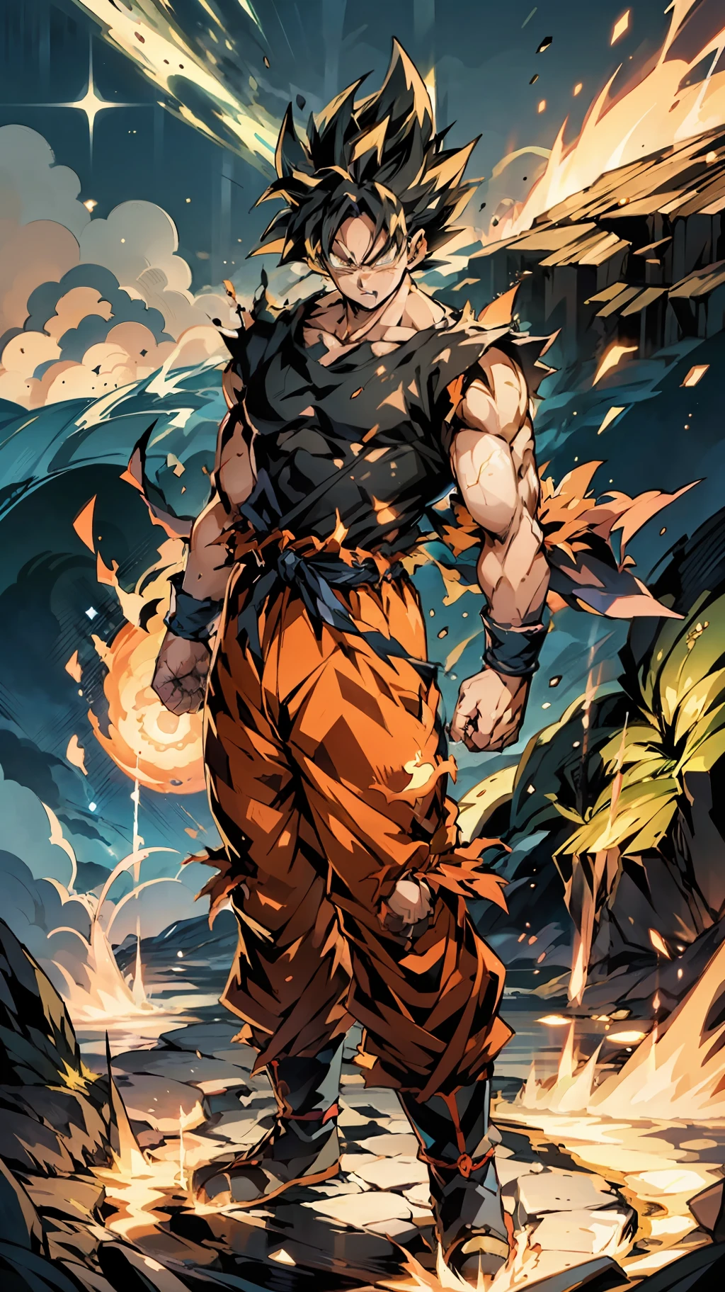 1male, solo, The Super Ice Saiyan unleashes huge energy waves that shatter the starry sky and generate huge shock waves. Standing on the ice dragon, the background is the rainstorm meteor universe. Energy waves are a mixture of orange tones with swirling patterns. (Ice Magic: 1.2), (Epic: 1.3), (Chaos Ingredients: 1.2), (Metal: 1.1), (Dark orange: 1.1), (Comic Book: 1.2), ((3D)), (((Actual))),