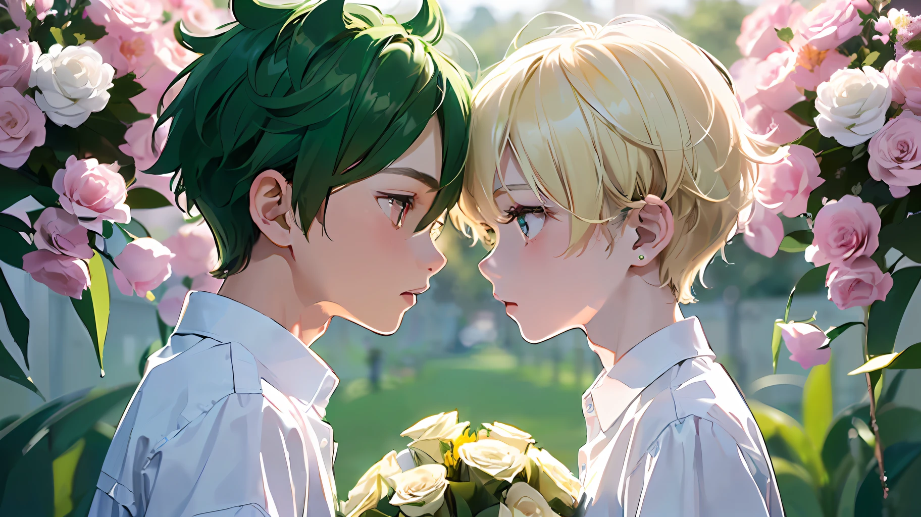 (top-quality:1.4、8K)、(-yeld gaouple facing each other:1.3)、(Cool Boy、Blonde spiked hair with red eyes and white shirt:1.2)、(Cute Boy、Short green hair and big eyes:1.2)、(Have a bouquet:1.4)、White shirt with short sleeves、校服、School background、