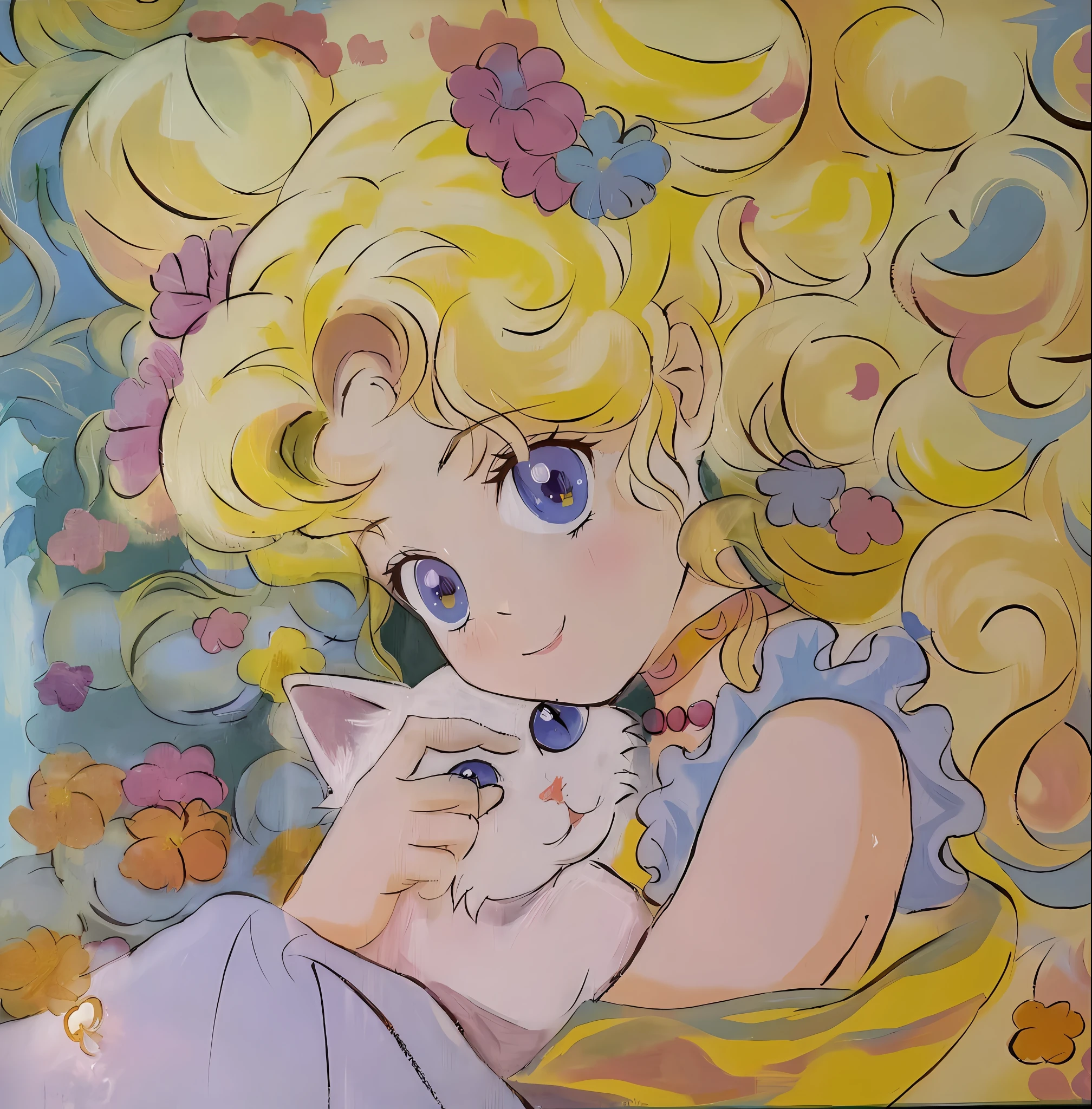 Anime drawing of a blonde girl holding a cat, Vintage 7 0 s anime watercolor, inspired by Naoko Takeuchi, 8 0 s anime art style, author：Naoko Takeuchi, in the art style of 8 0 s anime, 6 0 s anime art, author：by Yumihiko Amano, vintage shoujo, classic shoujo, an retro anime image