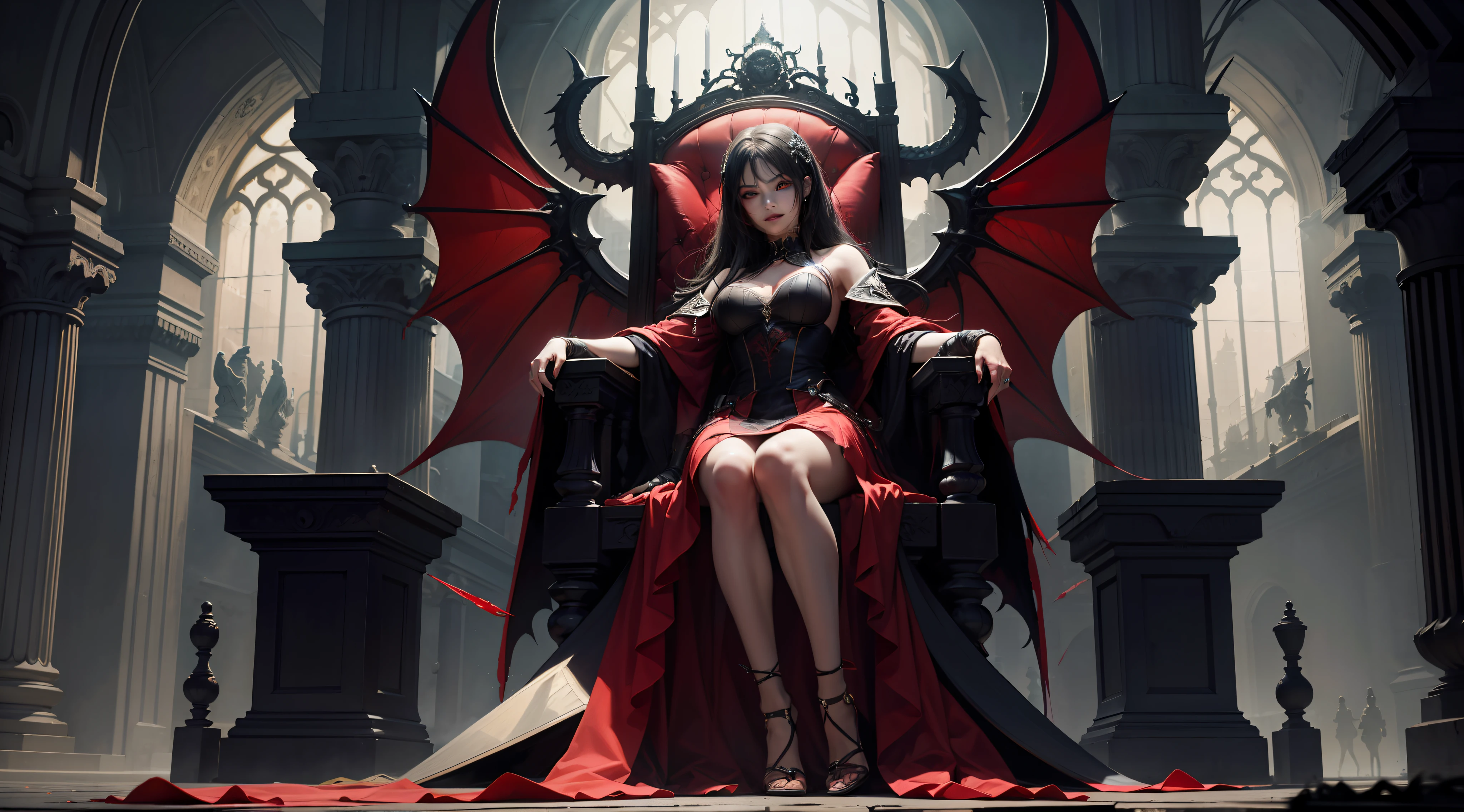 8K raw photo, Best quality, masterpiece, ultra high res,colorful,(photorealistic:1.4),raw photo, neonlight\(ttp\),1girl,solo,(perfect body shape) evil and beautiful, playful, smile, red eyes, (blood), dynamic angle, lying on throne, mystical, fanatic, intricate, surreal, delicate, wearing armored gothic dress,cinematic lighting,perfect face