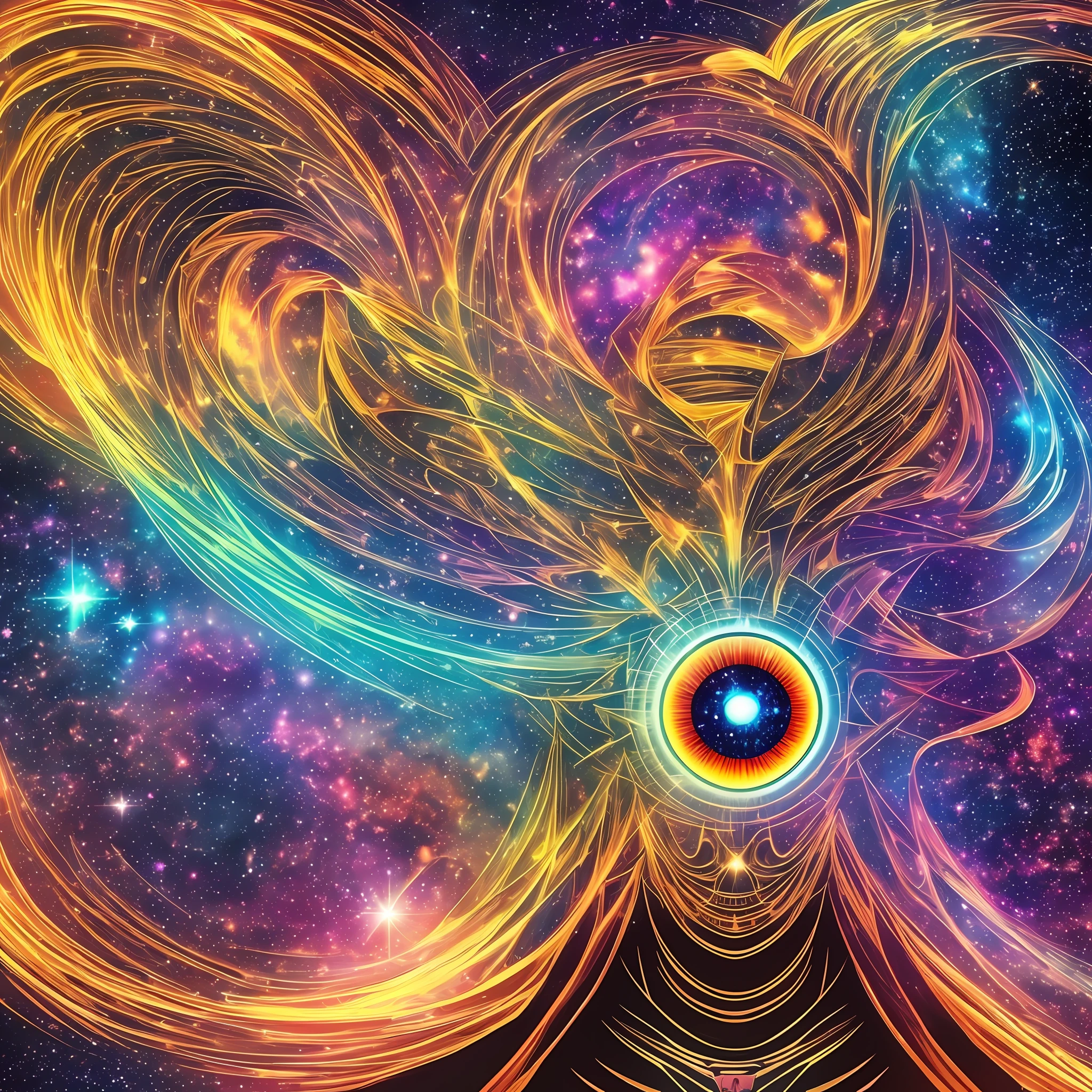 There is a digital painting of a man with a bright eye, rosto derretendo no universo, consciousness projection, digital visionary art, The stars are hidden in the eyes, Mais fundo no metaverso vamos, visuais de outro mundo, galaxy in eyes, O metaverso criptografado, no plano astral ) ) ), galactic dmt entity, um ser interdimensional, canalizando a energia da mente --auto --s2
