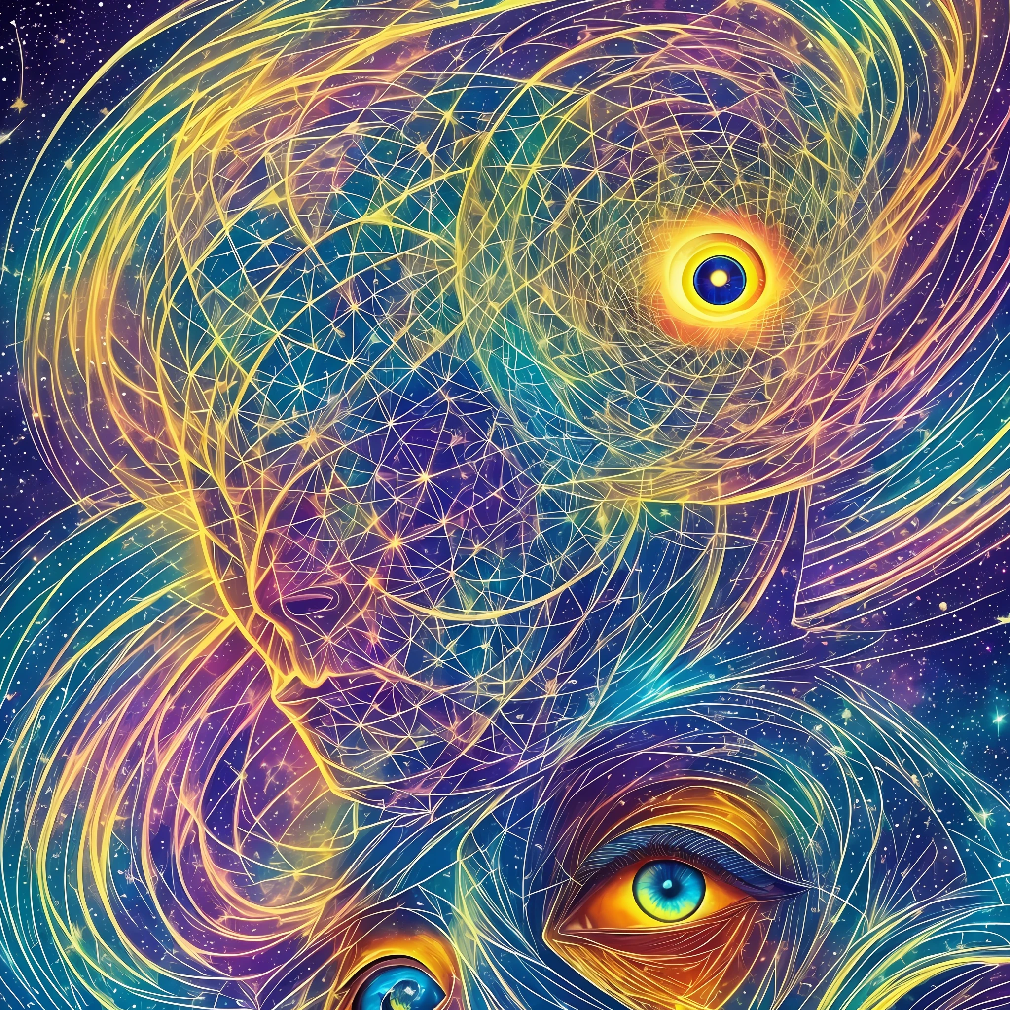 There is a digital painting of a man with a bright eye, rosto derretendo no universo, consciousness projection, digital visionary art, The stars are hidden in the eyes, Mais fundo no metaverso vamos, visuais de outro mundo, galaxy in eyes, O metaverso criptografado, no plano astral ) ) ), galactic dmt entity, um ser interdimensional, canalizando a energia da mente --auto --s2