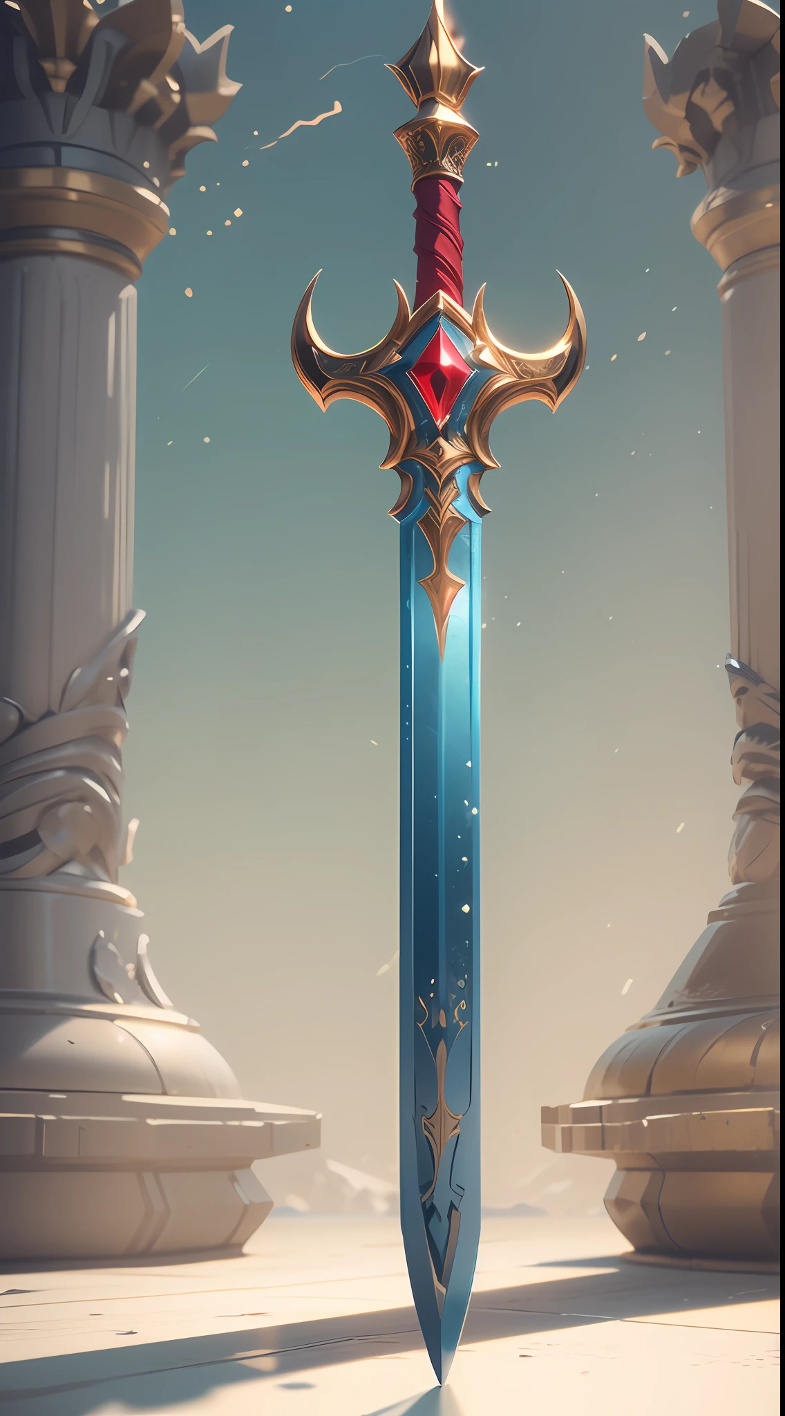 Excalibur，The body of the sword is wrapped in red and blue particle effects，Edge，Delicate sword hilt，Delicate sword body，（Symmetrical ornamentation：1.3），The tip of the dangling sword is downward，（Excalibur's whole body is centered：1.3），Mid-range close-up，dreamlike landscapes，Ultra photo realsisim，Hyper-realistic，Lots of detail，8K,Premium wallpapers，Highest image quality，3D,C4D,Master masterpieces，octaneratingrendering