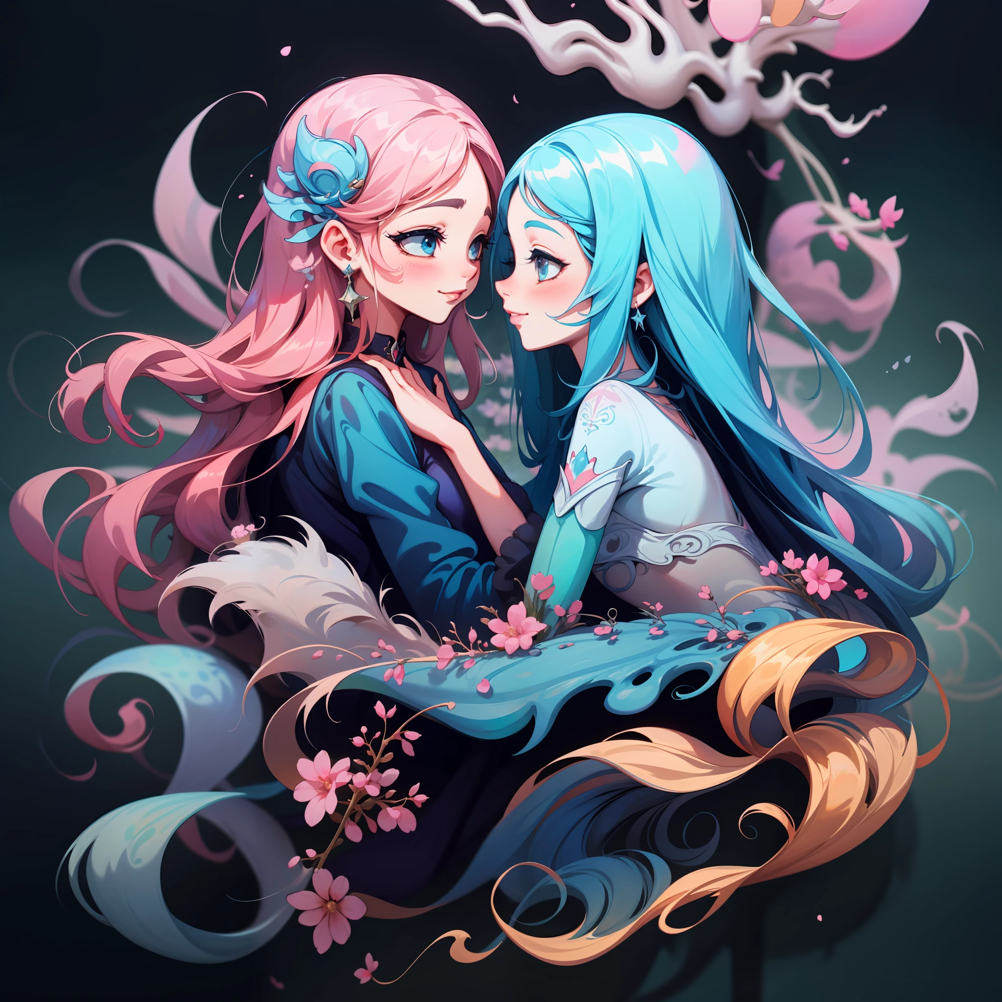 adesivo, fundo simples, retrato, 2 girls, couple, girl with long hair, girl smilling, princess aesthetics, beautiful princess girl, very beautiful fantasy art, beautiful and elegant female princess, beautiful detailed fantasy, blue and pink color palate, blue color-theme