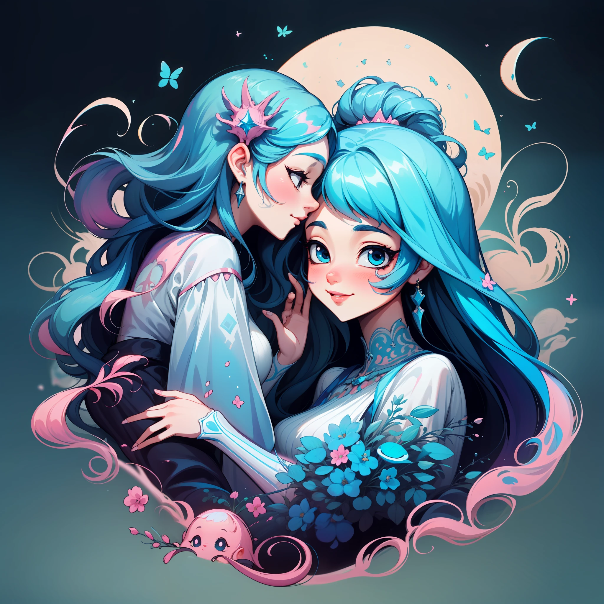 adesivo, fundo simples, retrato, 2 girls, couple, girl with long hair, girl smilling, princess aesthetics, beautiful princess girl, very beautiful fantasy art, beautiful and elegant female princess, beautiful detailed fantasy, blue and pink color palate, blue color-theme