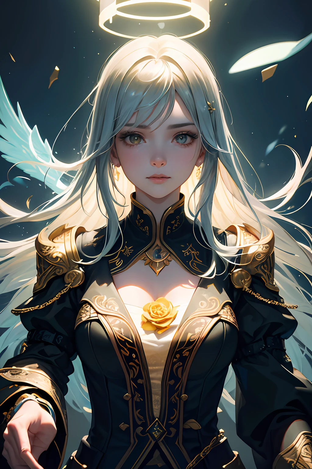 （tmasterpiece：1.2）， best qualtiy， （illustratio：1.2）， ornate decoration， （Masterfully crafted Glow， Lens flare）， （ultra - detailed）， hyper-detailing， （exquisitedetails）， （intricately details）， （Movie light， Best quality backlight）， （Bioluminescence hair）， （glowing light eyes）， （dyna：1.2）， （（putting makeup on））， absolutly eye-catching， pre - historic， （Colorful paint splashed on background， Dulux， ））， （（Caustics））， dynamic angle， （big breasts enchanting）， （Intricately detailed films ：1.1）， Environmental occlusion， ambient lights，ray-traced reflection，（The best lighting，Extremely refined and beautiful），（（cinematric light）），extremely colorful，powerful，（Movie Masterpiece），perfectly proportions，Real human face， albedo， whaite hair， chain， cozily， vehement， daysies， Golden sky， Cleavage is seductive， illustratio， Angels are everywhere， Yellow eyes， red rose， chain， splashing color， smooth soft skin， prime time， atmospurate， parks， Tano， bullets， The breathtaking ambient light comes from the sky， A soft warm glow from the chain，God's light，The halo，beautiful intricate colored hair，对称，gentlesoftlighting，concept-art，digitial painting，looking at viewe，realistic reflections，There are tracers everywhere