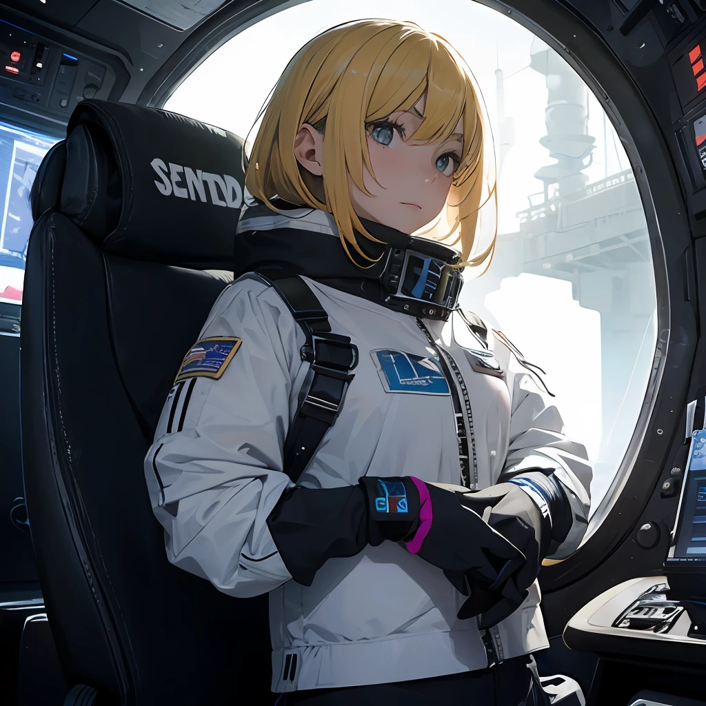 Chica Ciberpunk, sentanda en puesto de mando, en nave espacial, uniforme blanco y rojo --auto