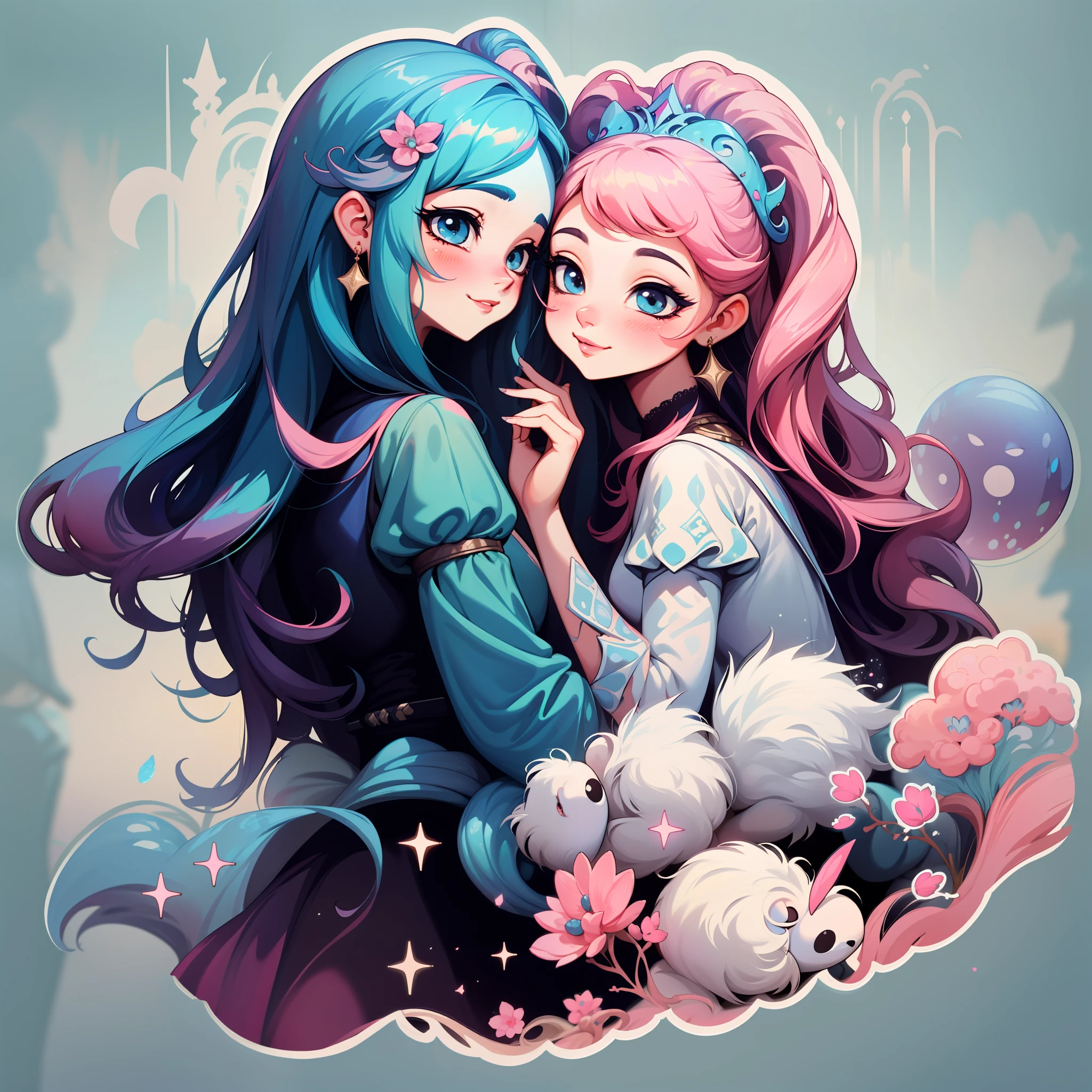 adesivo, fundo simples, retrato, 2 girls, couple, girl with long hair, girl smilling, princess aesthetics, beautiful princess girl, very beautiful fantasy art, beautiful and elegant female princess, beautiful detailed fantasy, blue and pink color palate, blue color-theme