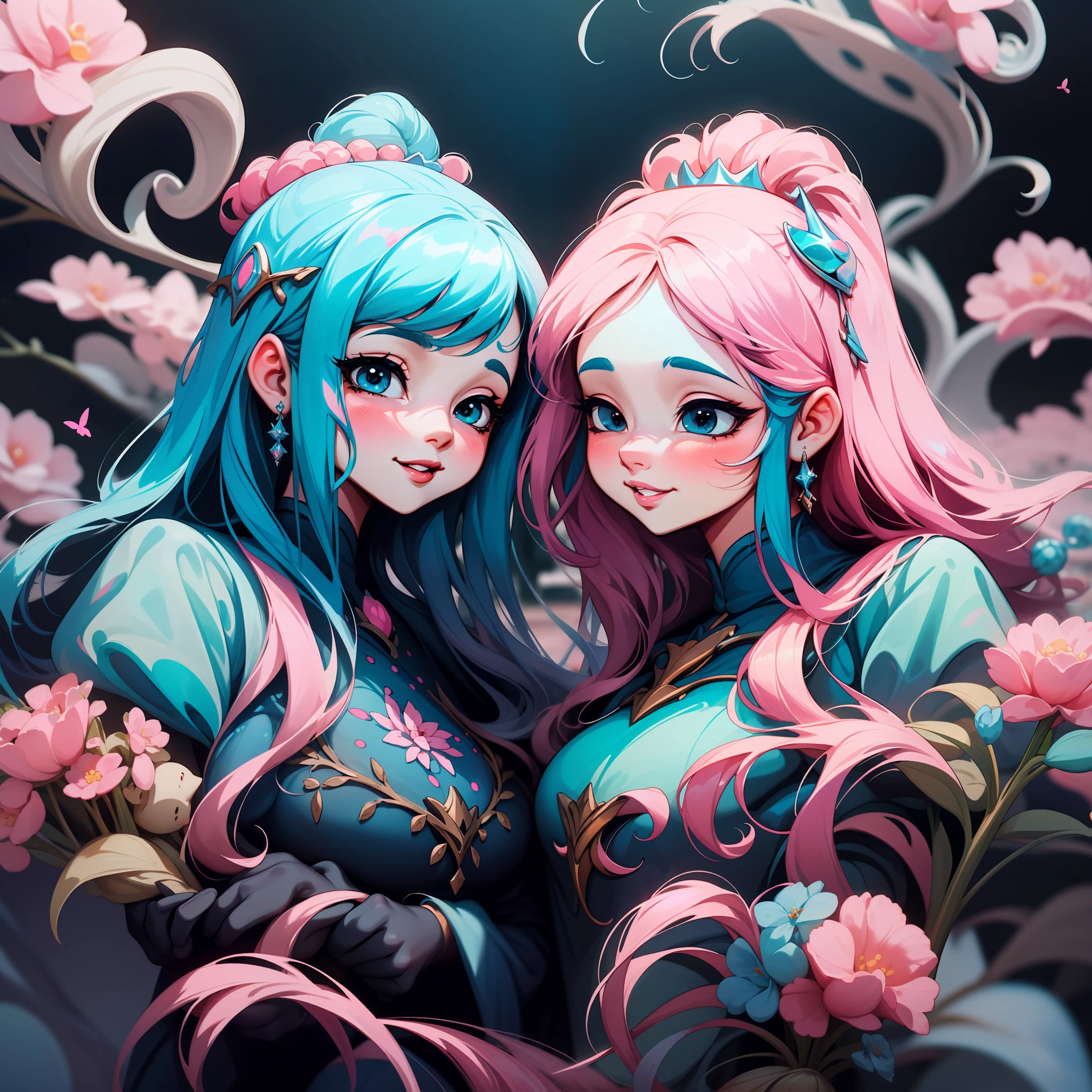 adesivo, fundo simples, retrato, 2 girls, couple, girl with long hair, girl smilling, princess aesthetics, beautiful princess girl, very beautiful fantasy art, beautiful and elegant female princess, beautiful detailed fantasy, blue and pink color palate, blue color-theme