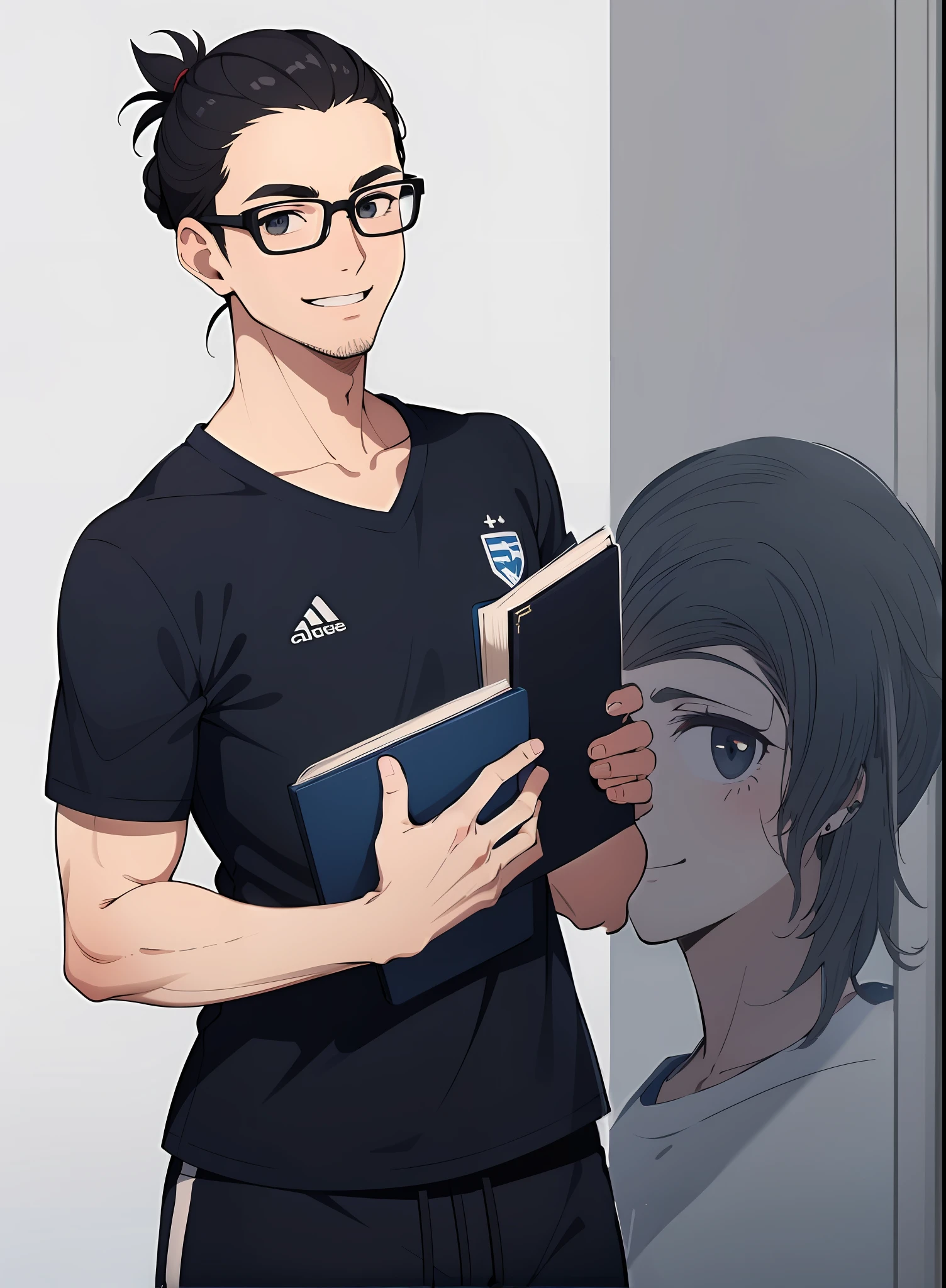 (masterpiece), (best quality), (super detail) expressive eyes, perfect face, 1man, man, smile, lazy eye, bring book, glasses, teacher, normal skin, (wearing soccer kits player), black eyes, ear piercing, man bun black hair, (a white background)