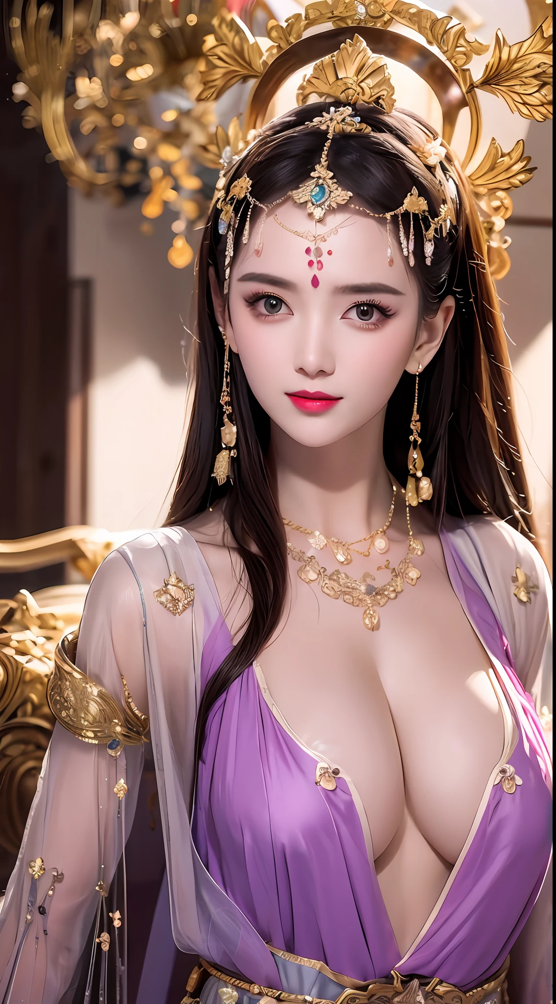1 20 year old girl, 1 goddess Athena, pink purple silk dress, beautiful goddess Athena face without blemishes, delicate yellow nightgown, long thin sequin nightgown with many sexy black lace details, female saint legend, female saint icon, beautiful goddess style glitter, dark and mysterious version, small proportioned goddess crown, vermilion lips, delicate and beautiful pino detailing, delicate and beautiful lip detail, , (pure and flawless face: 1.9), female saint body, round chest, big and round breasts, phoenix brooch, long flat bangs, (7-color rainbow hair: 1.9), flower stickers tattoo on forehead, beautiful clear face and well-proportioned eyes, (transparent yellow eyes: 1.8), (big round eyes and makeup, very beautiful and meticulous hair makeup, long and delicate blonde hair, delicate, body image: 1.8), figure: and vivid, (stars that make up the sky: 1.7), (the sky of heaven and the fictitious gate of time and space: 1.8), fictional art, RAW photos, hanfu photos, best photos, high resolution, best quality, best photos, best goddess quality, 8k female, super 8 single saint portraits, truest color schemes, masterpieces, best beauty brands, best hair jewelry, brand real photo, dark studio, border light, two-tone lighting, (rose white skin: 1.4), (high skin detail: 1.1), 8k uhd, d slr, soft light, 8k, high quality, candid, volume Smooth and sharp, 10x pixel increase, sexy goddess, sexy goddess, (background space: 1.8), (most beautiful aurora eyes: 1.7), beautiful eyes, aurora beautiful and flowery, (beautiful single girl: 1.8), (single girl: 1.8),