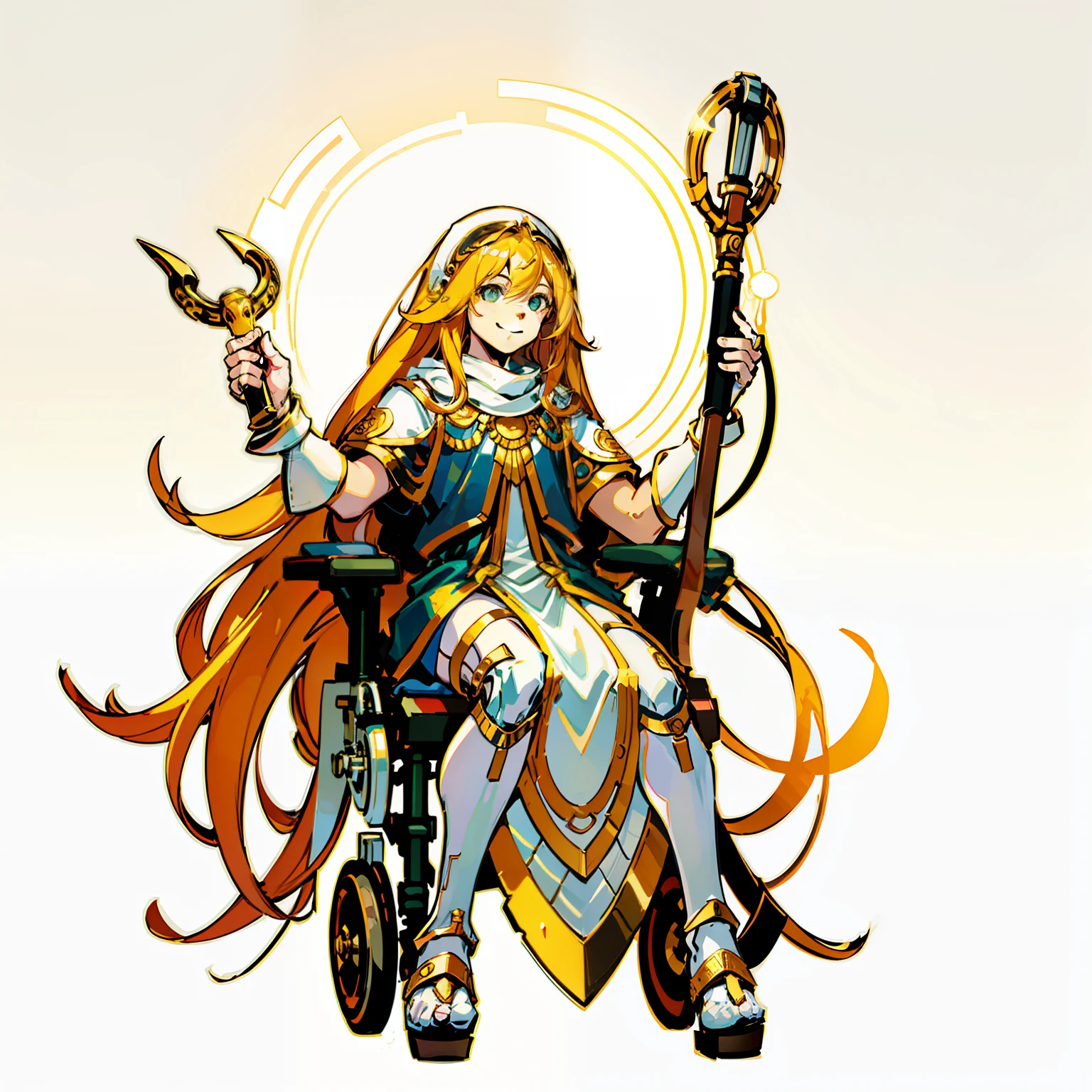 ???, Very long hair, Smiling, Sitting in a wheelchair, Full body shot, No background, White background, lame, Have a doll, White and gold, angel ring on head, Vajra, God,