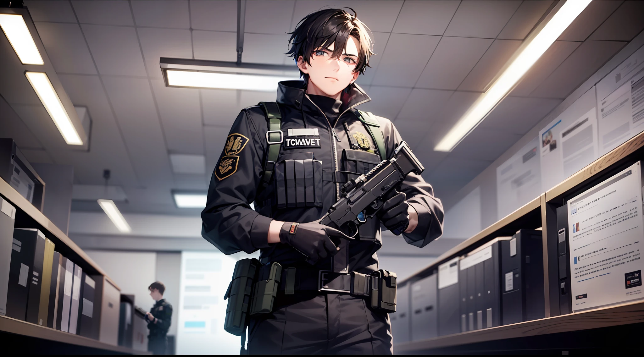 1 boy, attractive boy, handgun, in the dark office building, black clothes, special operations, special force, cinematic action, dynamic entry, looking enemy