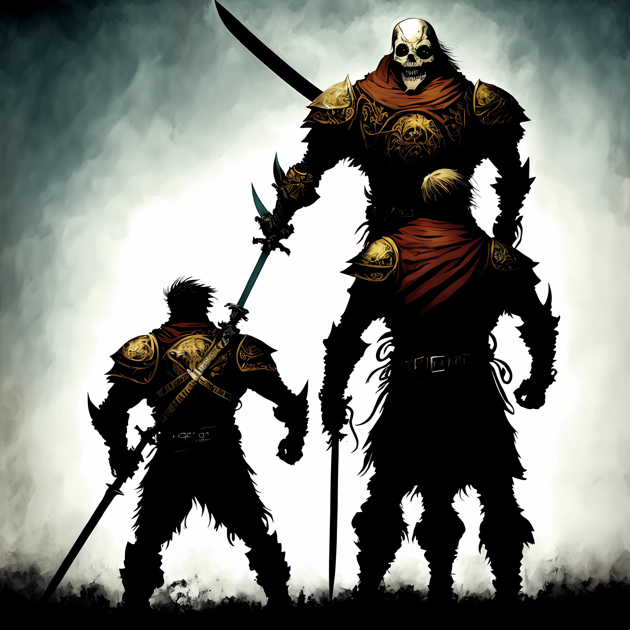 Huge and terrifying monster The teenage hero holds a giant sword with his back to the monster and looks like death because he has someone behind him who needs protection