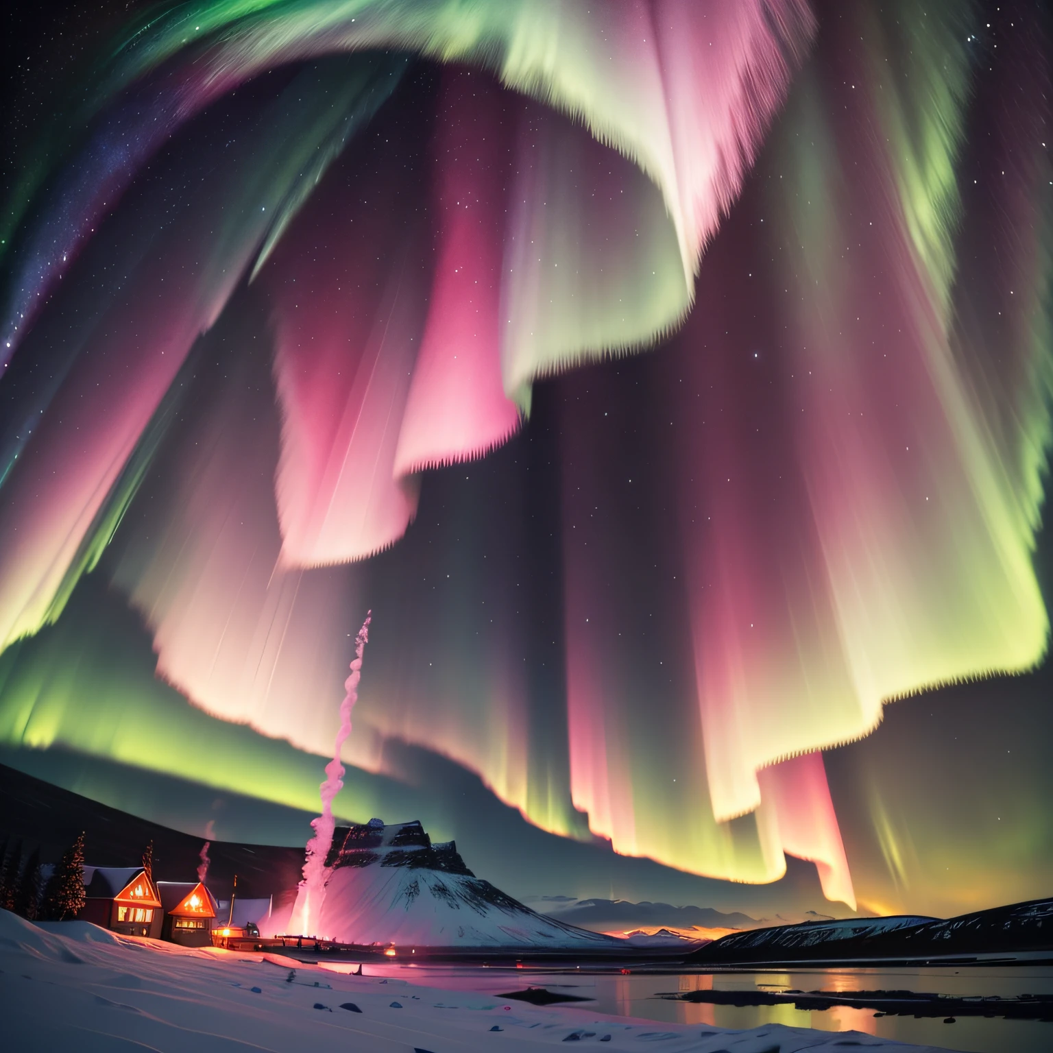 Vibrant ::2 Pink ::2 Green ::2 Northern Lights Expedition in Iceland: Chase the mesmerizing Aurora Borealis on a guided tour through Iceland's stunning landscapes, including geysers, waterfalls, and glaciers, while enjoying cozy accommodations and Icelandic culinary delights. ::1  --ar 1:2 --s 400 --niji 5 --auto