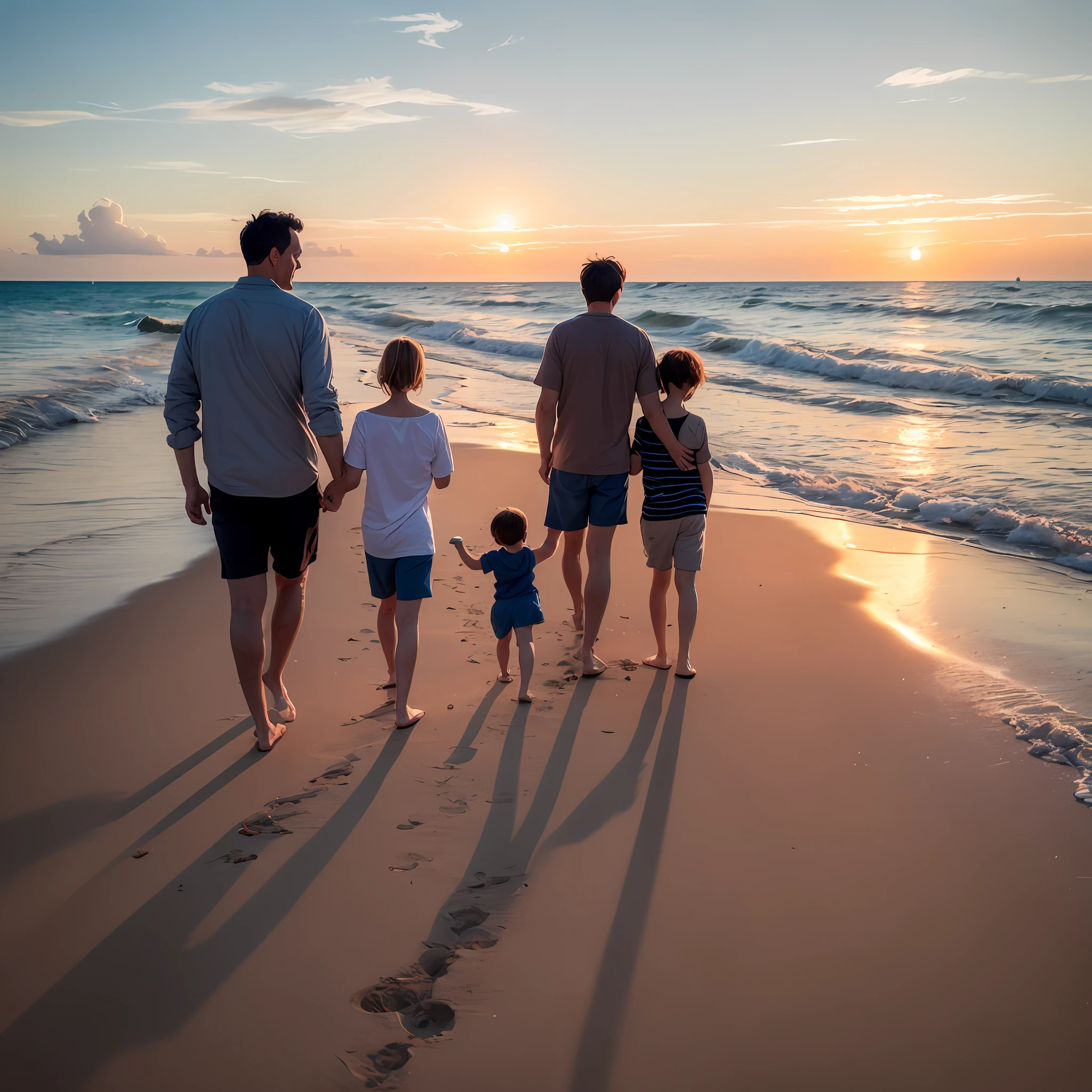 A family walking on a beach while the sun is setting in the west --auto