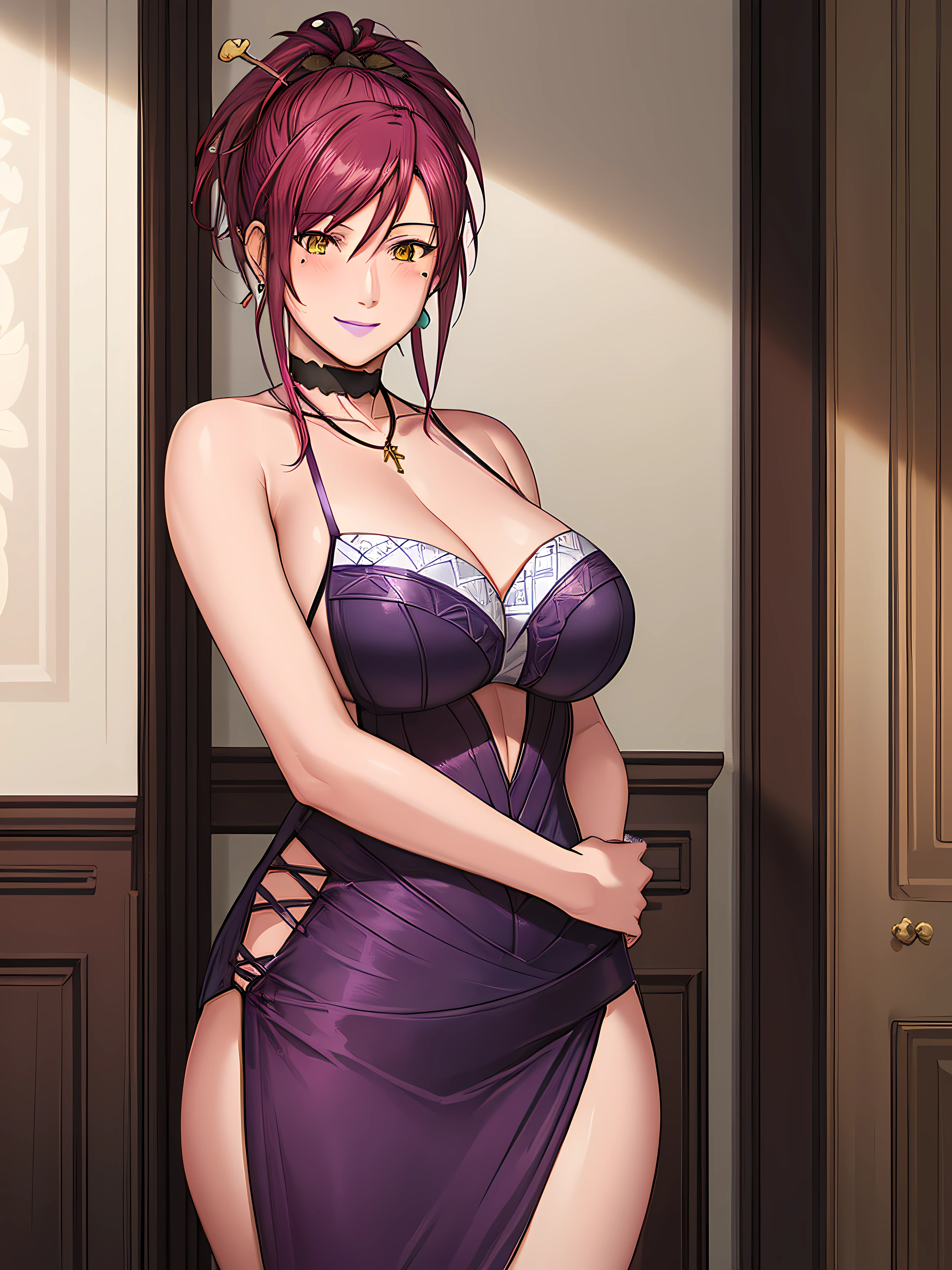 (Masterpiece, Best Quality, High Quality:1.4), professional artwork, for desktop wallpaper, Intricate Details, field of view, sharp focus, detailed painting, photorealistic lighting, trending on pixiv, 1girl, (vivid lighting, vibrant colors:1.05), realistic shadows, ambient occlusion,
Marie Mamiya, mature female, milf, solo, (curvy:1.1), luxury room, (half body shot:1.1), looking to attention,
(red hair:1.05), hair ornament, lipstick, makeup, (mole under eye:0.9), choker, ultra detail hair, ultra detail face, (yellow glowing eyes:1.05), perfect eyes, perfect face, perfect retina, earrings, (seductive look, blush:1.15), bitch, lewd face, smile,
(purple, main dress:1.4), choker, necklace, fingernails, flawless drawn, no blur
(Large Breasts:1.15)