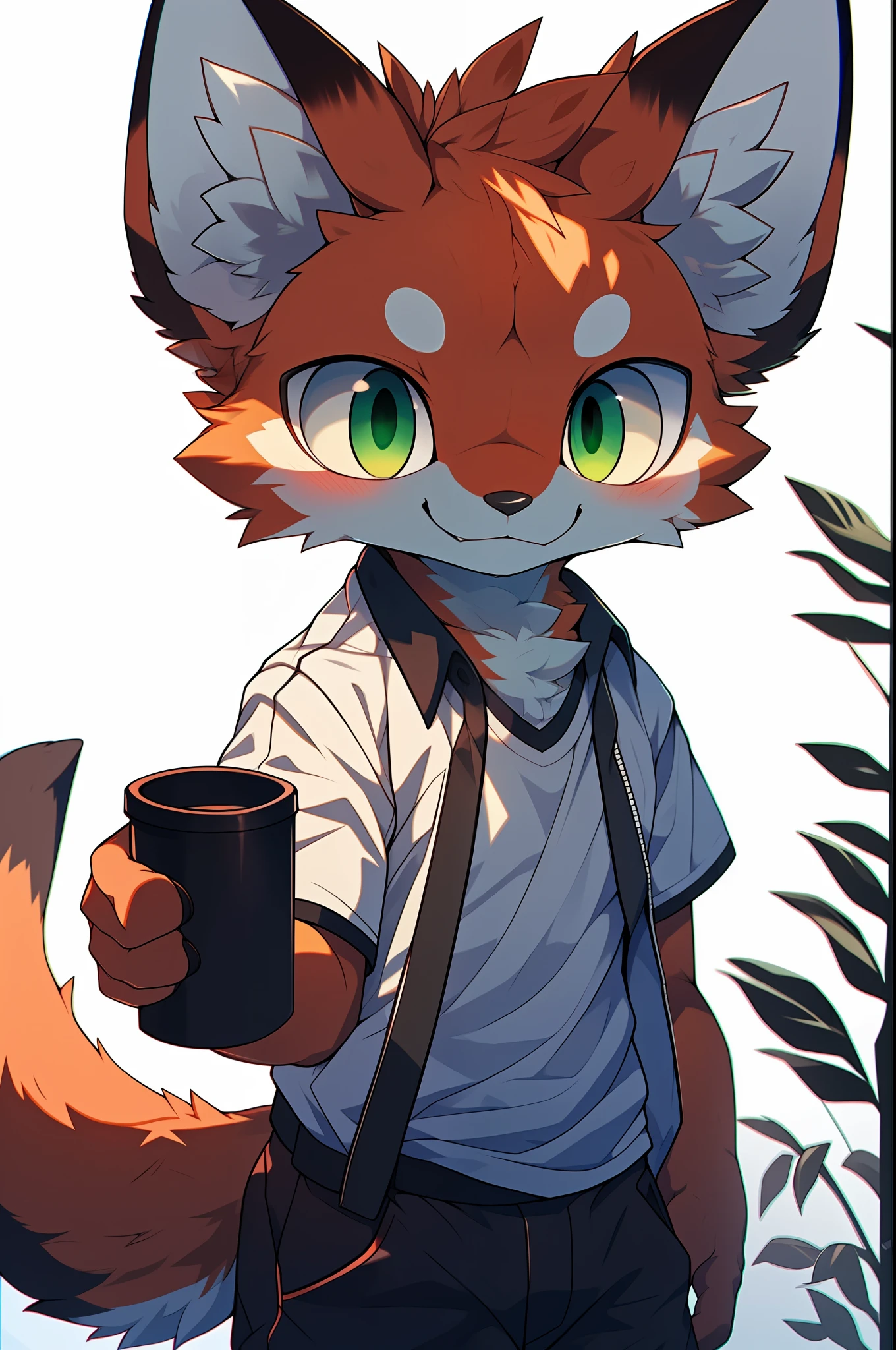 depth of fields,lighting perfect,light particules,(best qualtiy),(tmasterpiece),(ultra - detailed),Sharp focus,light particules,niji,red fox,male,eyesgod,green_eyes,looking_at_viewer,smile,solo,furry,animal_ear_fluff,open_clothes,Crossed waist with one hand,The upper part of the body,coda,short sleeved shirt,eye glass,rays of sunshine,城市,mild smile,from below,holding coffee,