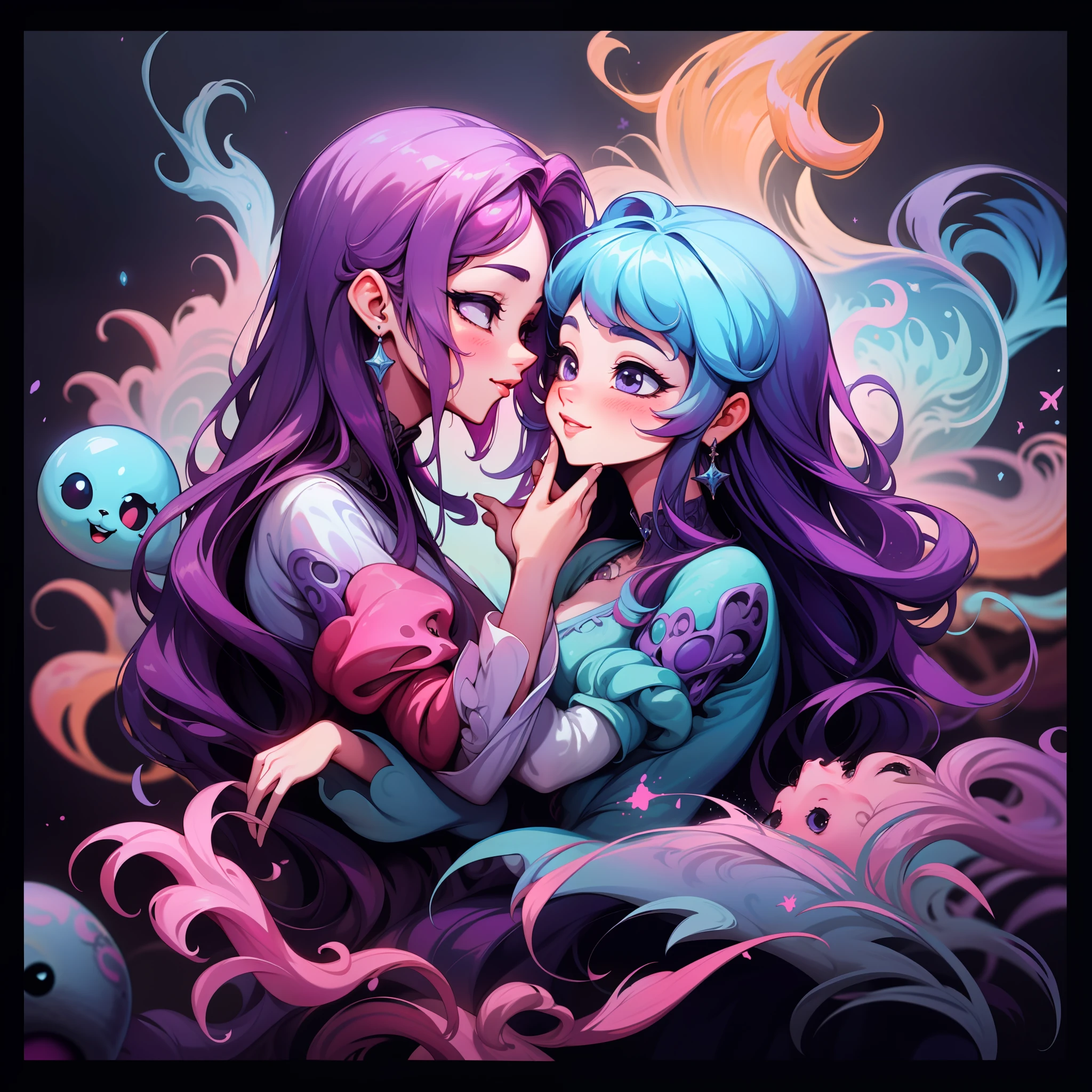 adesivo, fundo simples, retrato, 2 girls, couple, girl with long hair, girl smilling, princess aesthetics, beautiful princess girl, very beautiful fantasy art, beautiful and elegant female princess, beautiful detailed fantasy, purple and pink color palate, purple color-theme