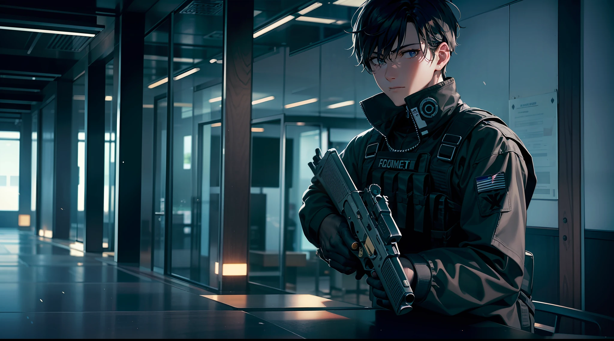 1 boy, attractive boy, handgun, in the dark office building, black clothes, special operations, special force, cinematic action, dynamic entry, looking enemy