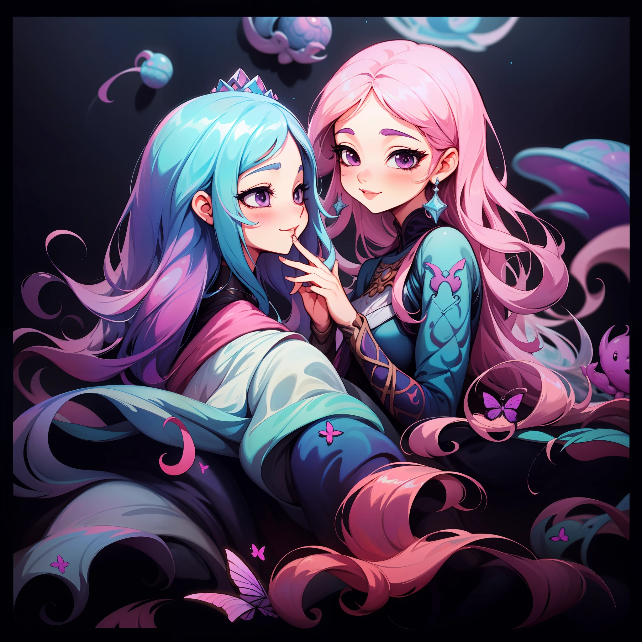 adesivo, fundo simples, retrato, 2 girls, couple, girl with long hair, girl smilling, princess aesthetics, beautiful princess girl, very beautiful fantasy art, beautiful and elegant female princess, beautiful detailed fantasy, purple and pink color palate, purple color-theme