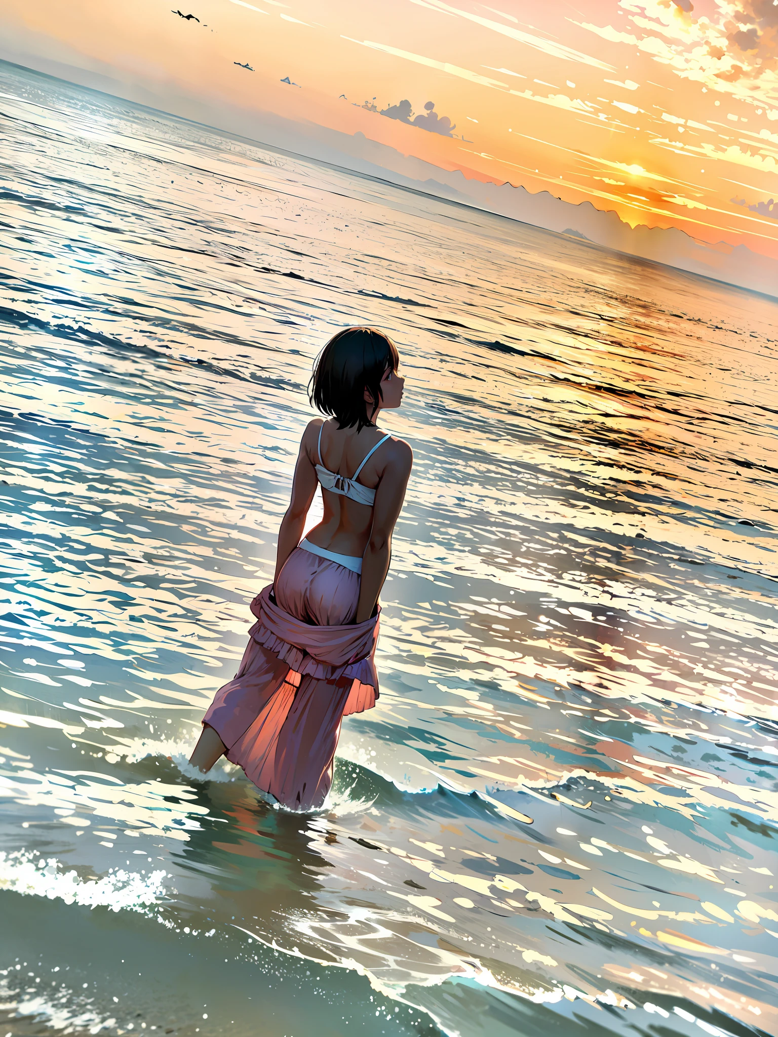 Woman standing in water on the beach, In the sea, on the ocean water, In the water, at the beach on a sunset, in water up to her shoulders, at sea, at beach at sunset, at sea, In the sunset, in beach, at beach at sunset, with sunset, nymph in the water