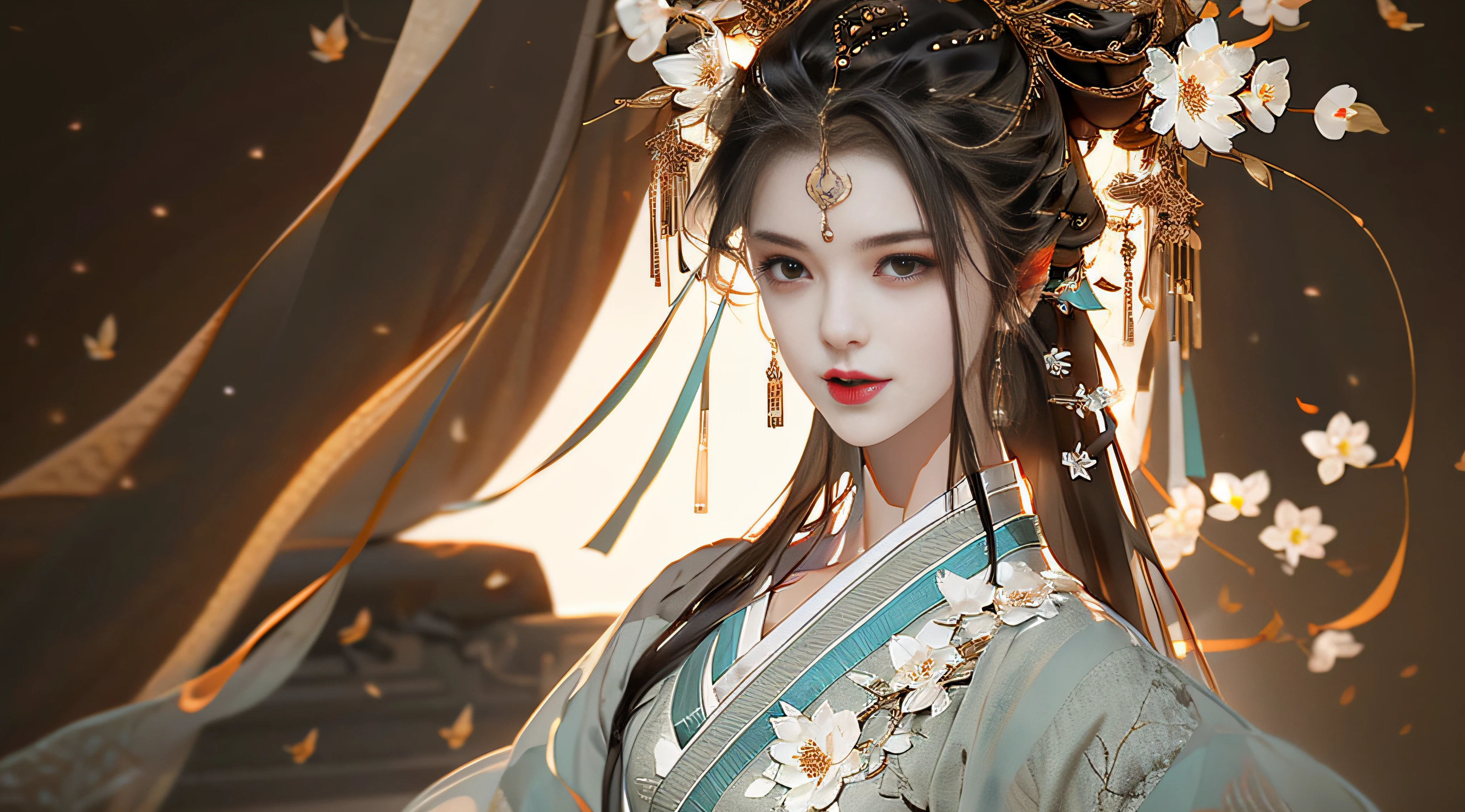 Beautiful details for girl，Very detailed eyes and face，Beautiful eye details，Super detailed，A high resolution，Very detailed，The best quality，illustration，Exquisite details，Best quality，Very detailed CG，8K wallpapers，A woman，woods，Long black hair，horsetail，Hanfu girl，blossoms，Complex textures，Streamers，navel，Shoulder，the complex background，Half body，Solo