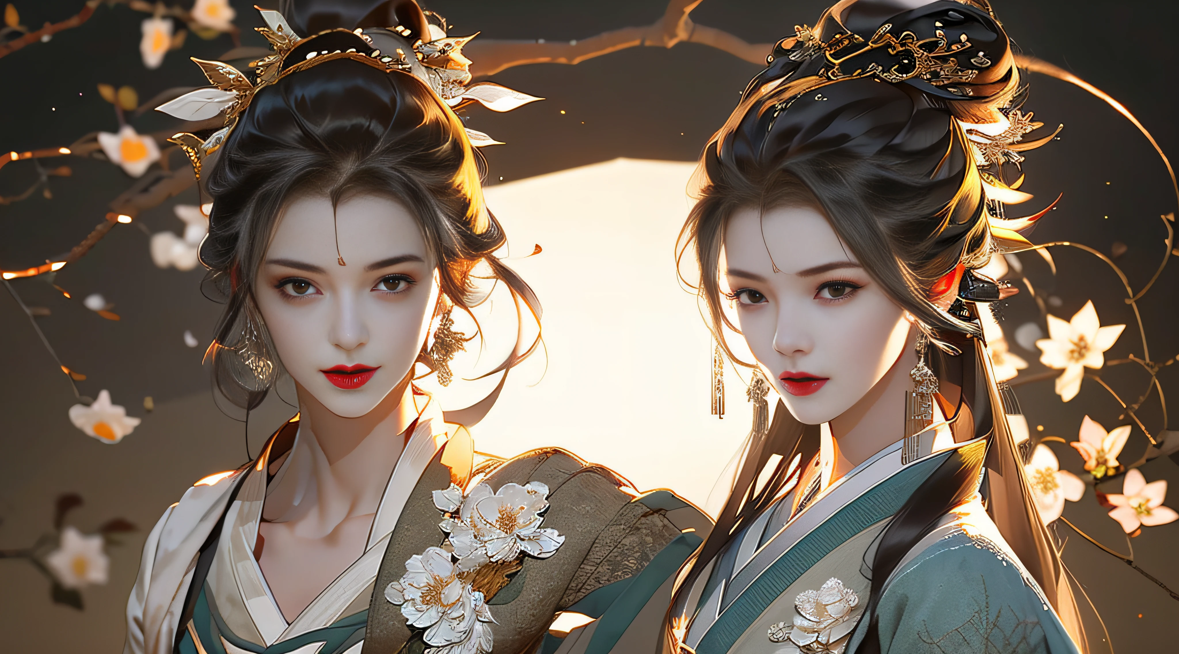 Beautiful details for girl，Very detailed eyes and face，Beautiful eye details，Super detailed，A high resolution，Very detailed，The best quality，illustration，Exquisite details，Best quality，Very detailed CG，8K wallpapers，A woman，woods，Long black hair，horsetail，Hanfu girl，blossoms，Complex textures，Streamers，navel，Shoulder，the complex background，Half body，Solo