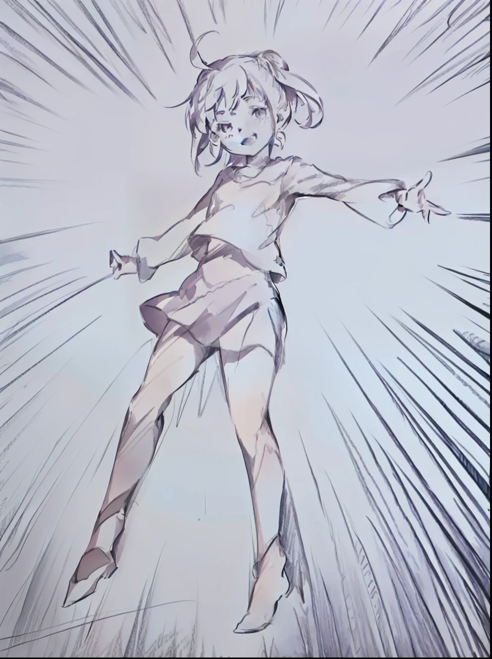 A painting of a girl, anime pose, pudica pose gesture, full body portrait of a short!, Casual pose, Full body character drawing, distorted pose, Pose(Arms up + cheerfulness), hands behind her body pose!, a variety of poses, flat anime style shading, stand posture, anime sketch, neutral pose,