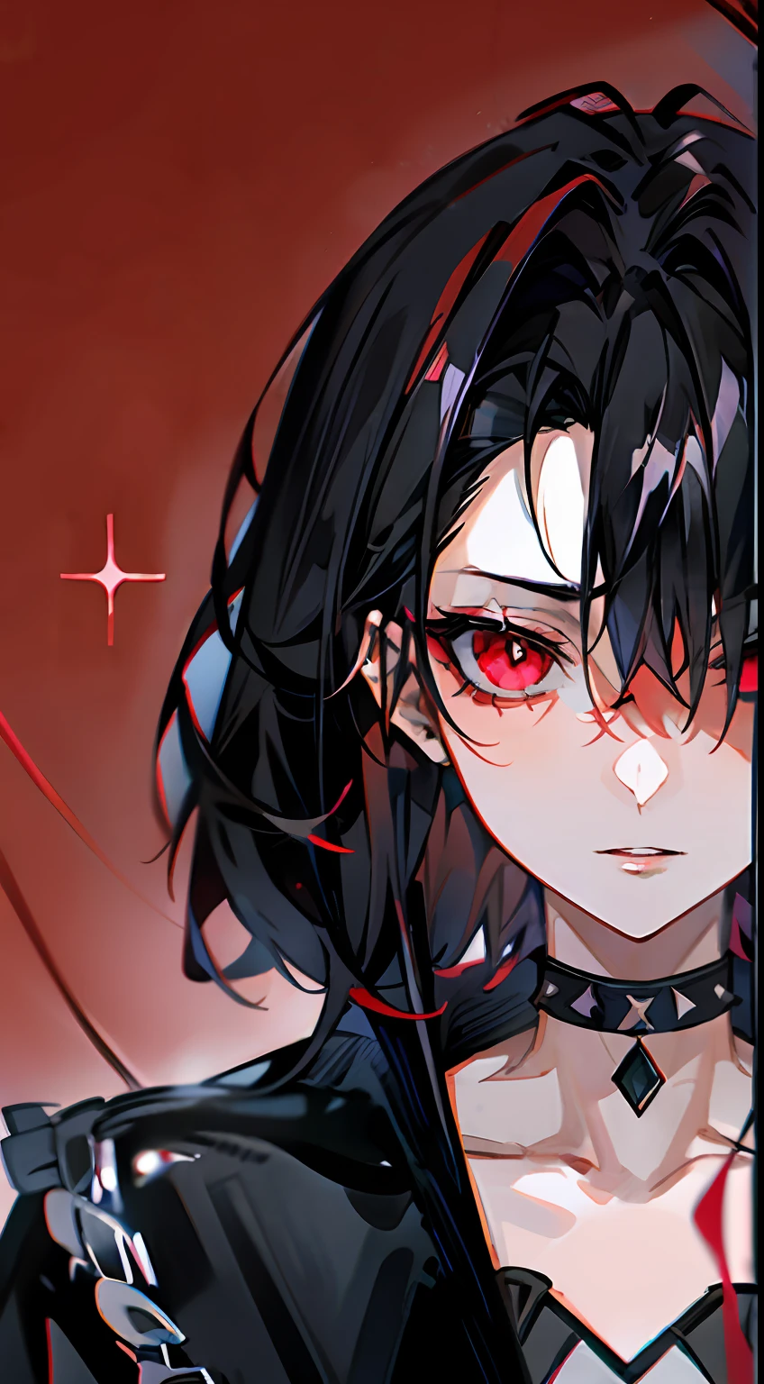 1boy, (Close up face, masutepiece, Best Quality:1.2), 8K, Official art, absurderes, Gothic, studded black leather jacket and choker, piercings, (smokey red eye shadow with glitter, glazed pinkish red lips:1.1), (very dark red background:1.4), nffsw, face lights, A hyper-realistic, hight resolution, Photography, Film grain, chromatic abberation, Sharp Focus, nffsw, face lights, Dynamic lighting, Cinematic lighting, Delicate facial features, Detailed face and eyes, Sharp pupils, (Black hair:1.4)