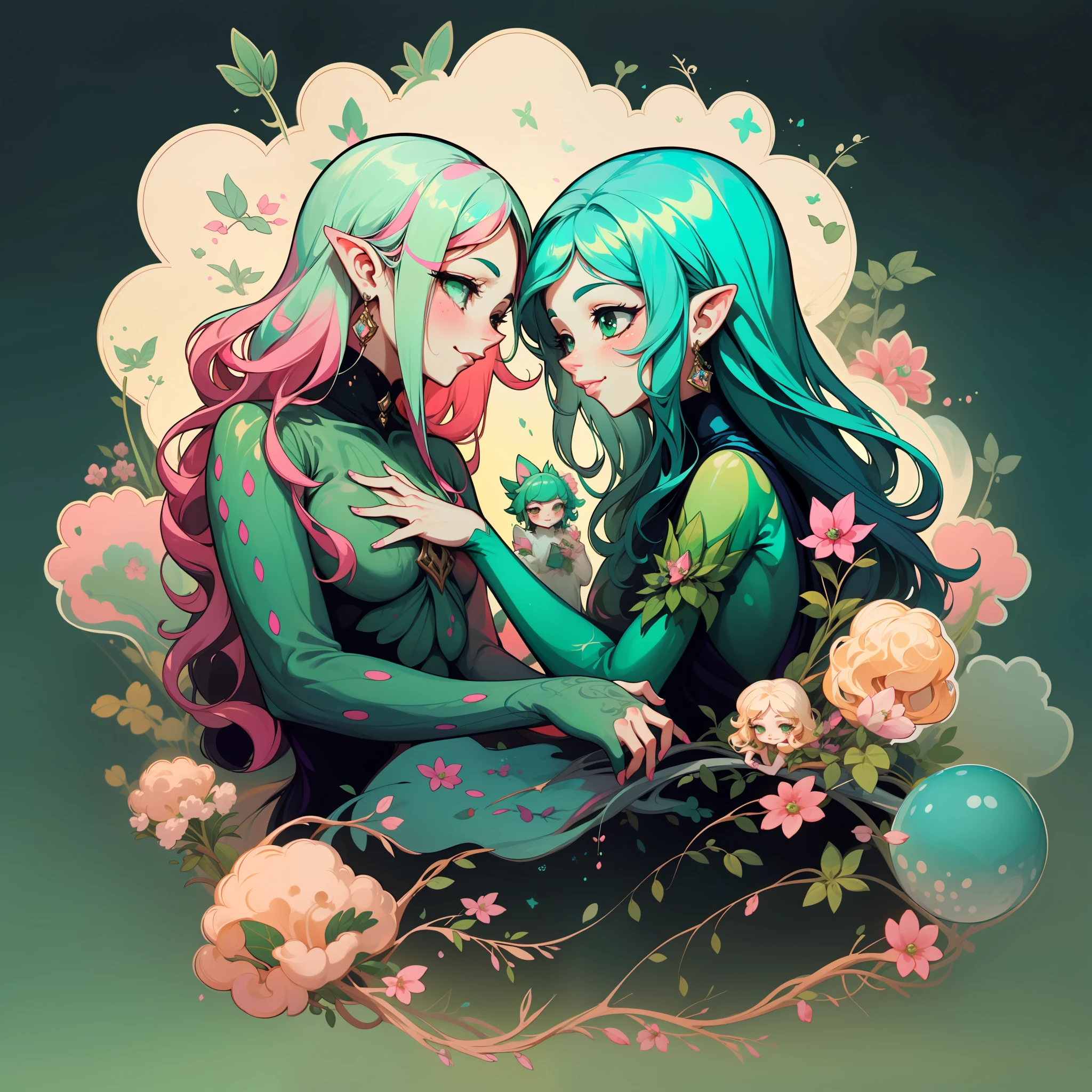 adesivo, fundo simples, retrato, 2 girls, couple, girl with long hair, girl smilling, fairy aesthetics, beautiful fairy girl, very beautiful fantasy art, beautiful and elegant female fairy, beautiful detailed fantasy, green and pink color palate, green color-theme