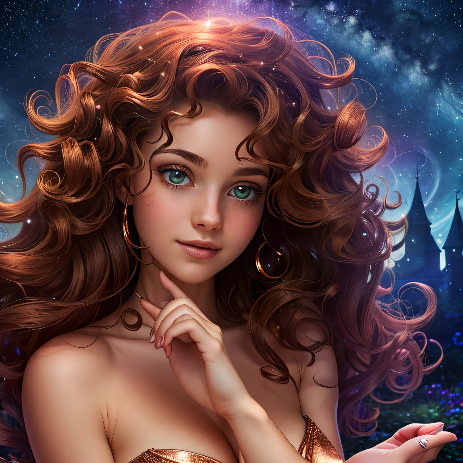 In this magical image, a woman with curly hair stands under a sky of twinkling stars. Her flowing curls seem to be made of pure magic, shining in shades of gold and copper, contrasting with her hazel eyes, her face is clear and perfect in every detail. She is surrounded by a night sky full of bright stars, which seem to dance around her. The atmosphere is charming and full of mystery, inviting the viewer to get lost in a world of dreams and fantasy. -no distorted faces, missing limbs, hands missing fingers, hair with different colors --auto