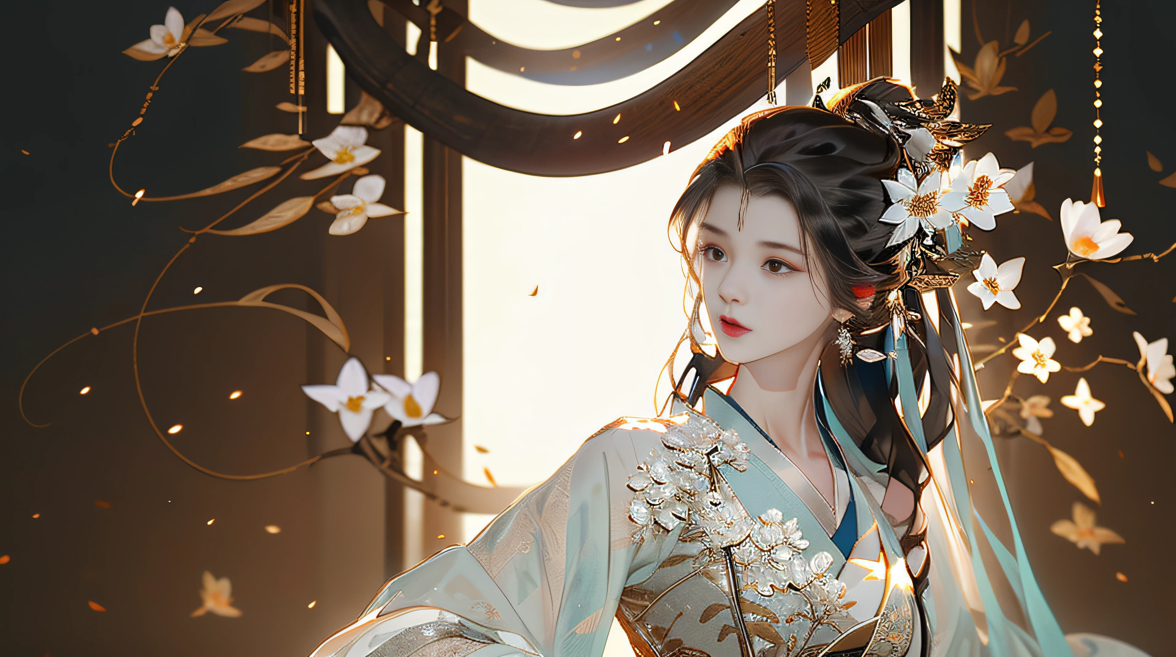 Beautiful details for girl,Very detailed eyes and face,Beautiful eye details,Super detailed,A high resolution,Very detailed,The best quality,illustration,Exquisite details,Best quality,Very detailed CG,8K wallpapers,A woman,woods,Long black hair,horsetail,Hanfu girl,blossoms,Complex textures,Streamers,navel,Shoulder,the complex background,Half body,Solo