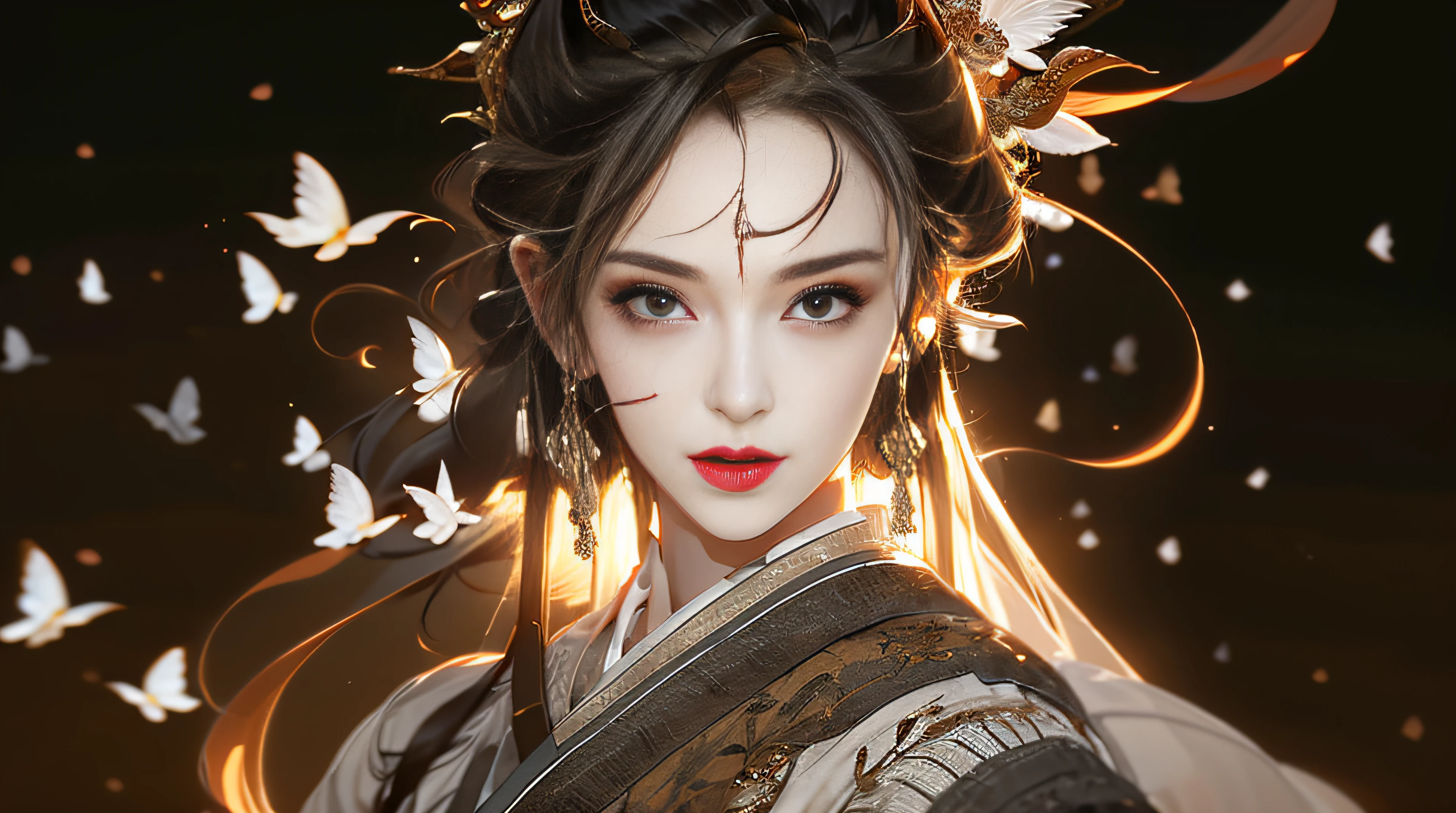 Beautiful details for girl,Very detailed eyes and face,Beautiful eye details,Super detailed,A high resolution,Very detailed,The best quality,illustration,Exquisite details,Best quality,Very detailed CG,8K wallpapers,A woman,woods,Long black hair,horsetail,Hanfu girl,blossoms,Complex textures,Streamers,navel,Shoulder,the complex background,Half body,Solo