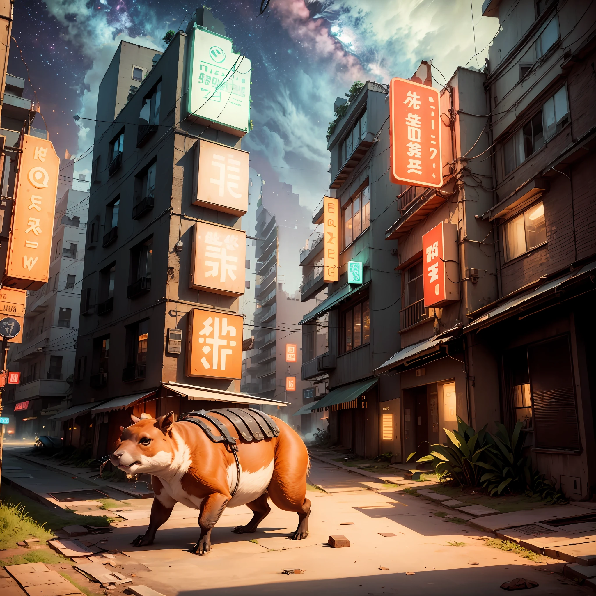Buildings with exposed wiring and neon light plates