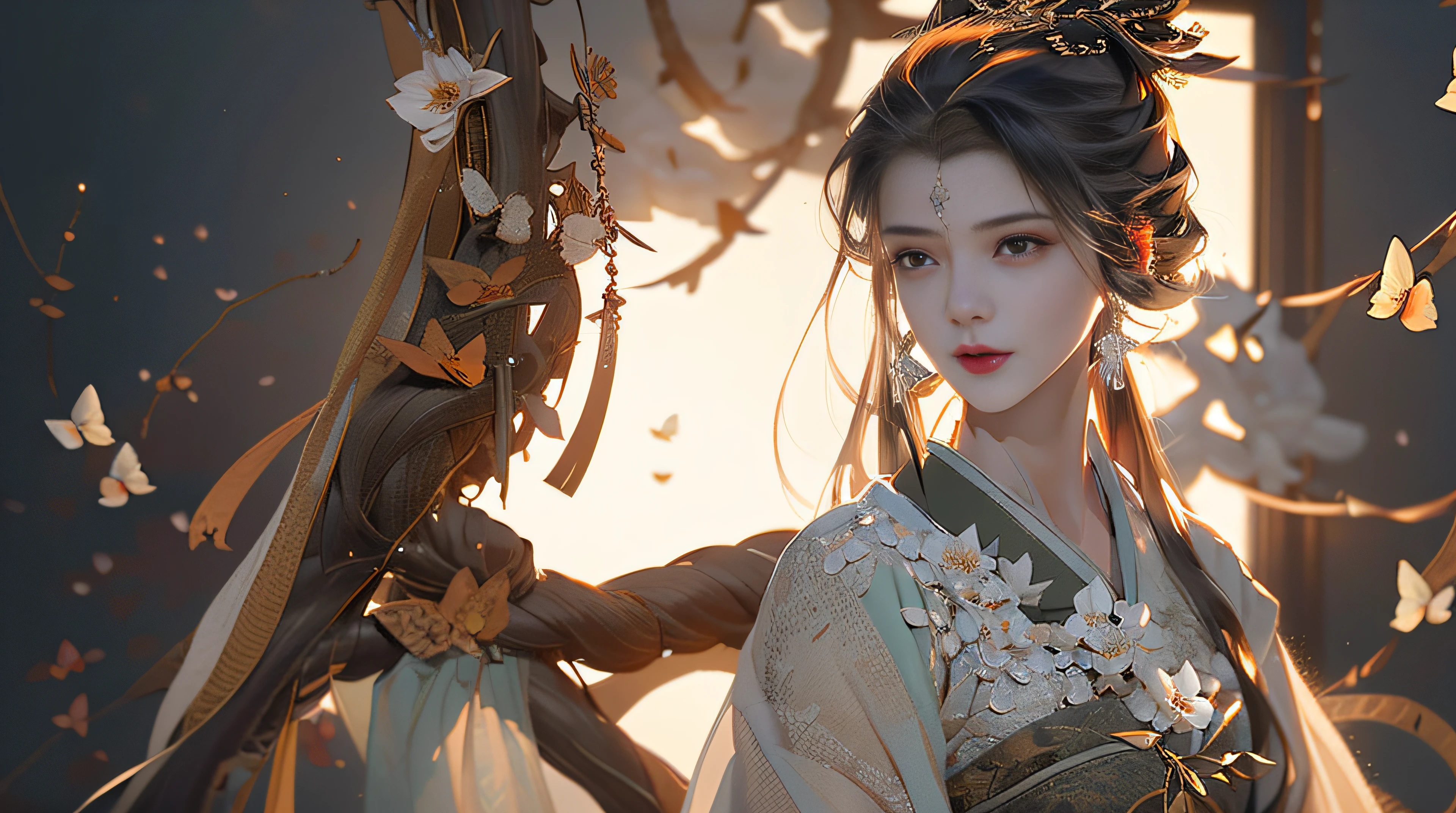 Beautiful details for girl,Very detailed eyes and face,Beautiful eye details,Super detailed,A high resolution,Very detailed,The best quality,illustration,Exquisite details,Best quality,Very detailed CG,8K wallpapers,A woman,woods,Long black hair,horsetail,Hanfu girl,blossoms,Complex textures,Streamers,navel,Shoulder,the complex background,Half body,Solo