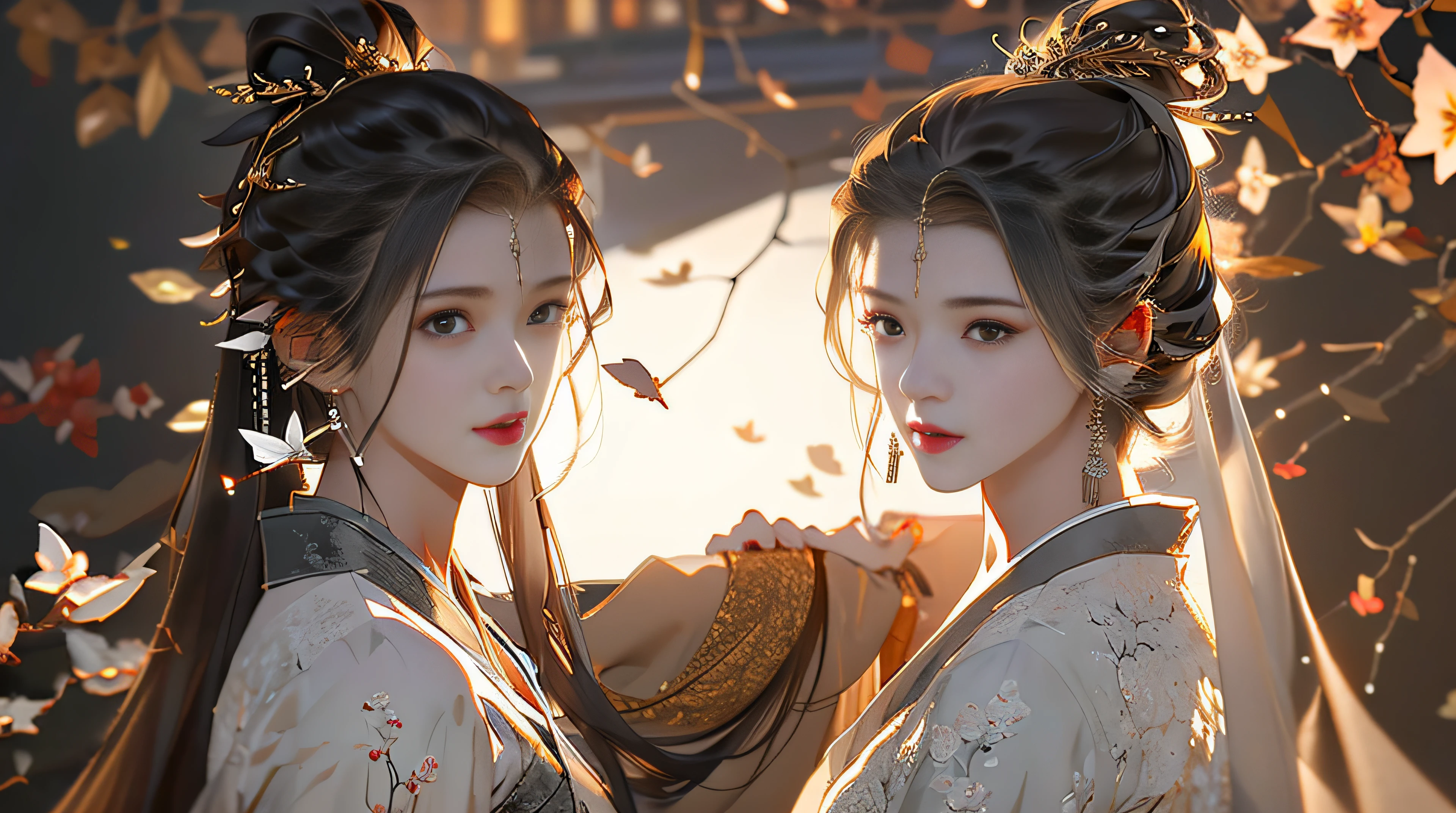 Beautiful details for girl，Very detailed eyes and face，Beautiful eye details，Super detailed，A high resolution，Very detailed，The best quality，illustration，Exquisite details，Best quality，Very detailed CG，8K wallpapers，A woman，woods，Long black hair，horsetail，Hanfu girl，blossoms，Complex textures，Streamers，navel，Shoulder，the complex background，Half body，Solo