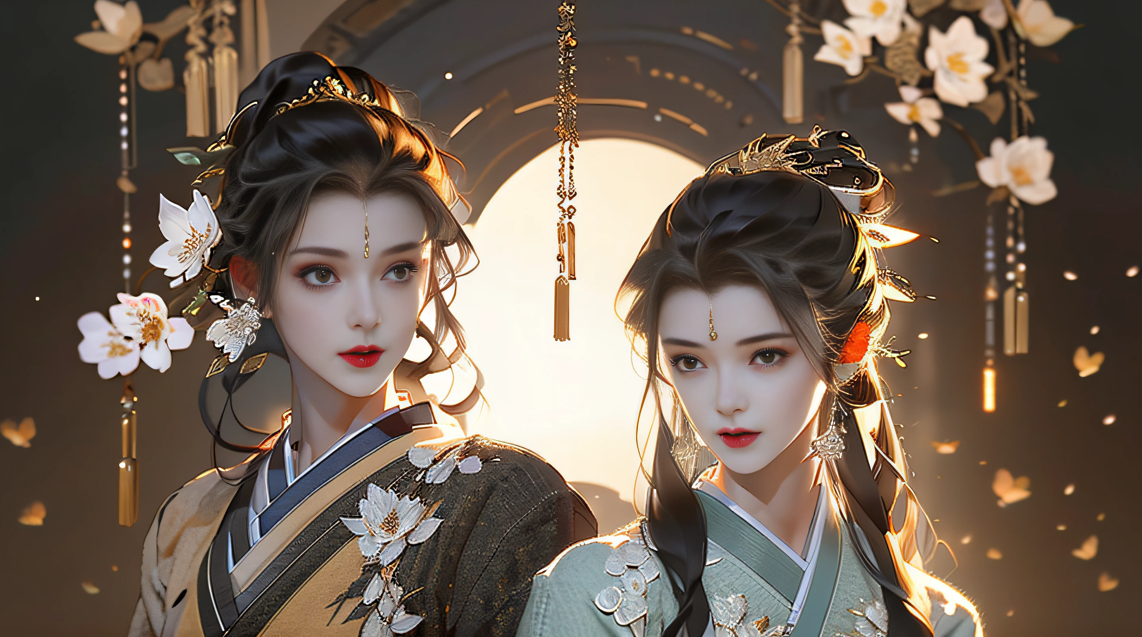 Beautiful details for girl，Very detailed eyes and face，Beautiful eye details，Super detailed，A high resolution，Very detailed，The best quality，illustration，Exquisite details，Best quality，Very detailed CG，8K wallpapers，A woman，woods，Long black hair，horsetail，Hanfu girl，blossoms，Complex textures，Streamers，navel，Shoulder，the complex background，Half body，Solo