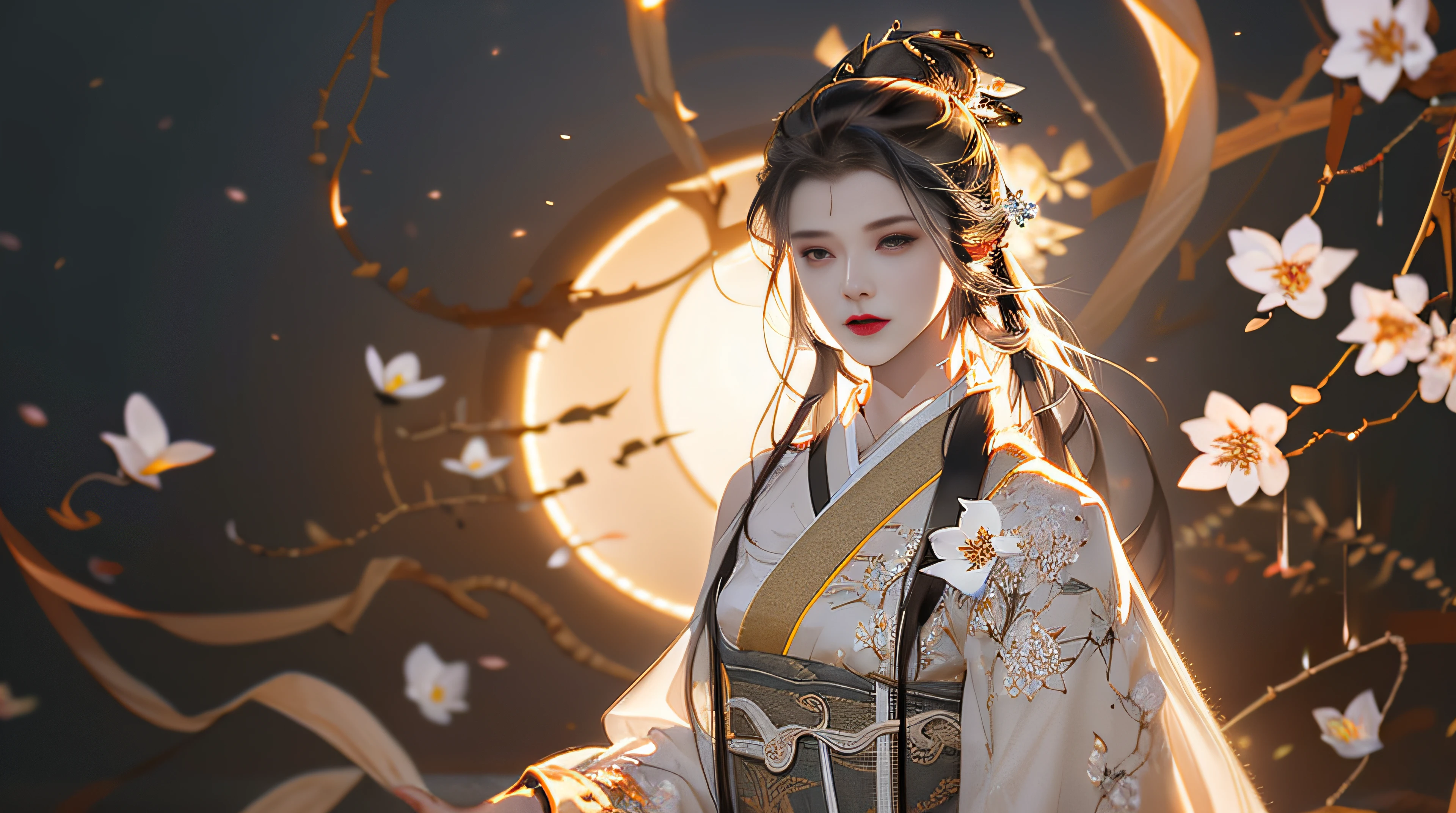 Beautiful details for girl,Very detailed eyes and face,Beautiful eye details,Super detailed,A high resolution,Very detailed,The best quality,illustration,Exquisite details,Best quality,Very detailed CG,8K wallpapers,A woman,woods,Long black hair,horsetail,Hanfu girl,blossoms,Complex textures,Streamers,navel,Shoulder,the complex background,Half body,Solo