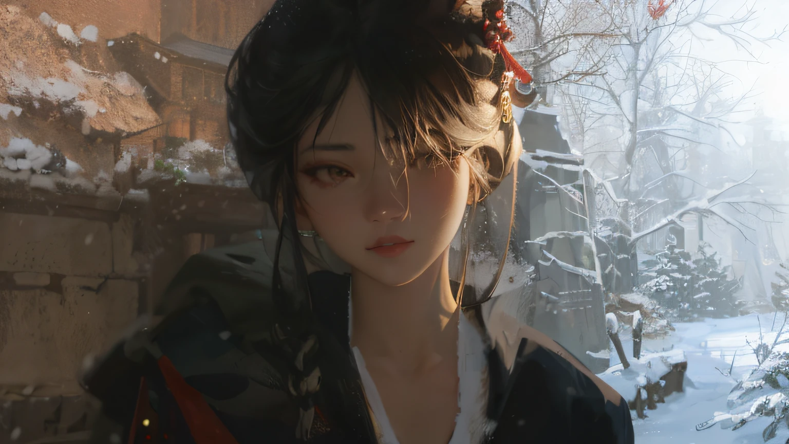 There was a woman standing in the snow with a book, Guviz-style artwork, Guviz, guweiz masterpiece, Guweiz on ArtStation Pixiv, Guweiz in Pixiv ArtStation, inspired by Ma Yuanyu, inspired by Li Mei-shu, 8 k resolution digital painting, 8k resolution digital painting