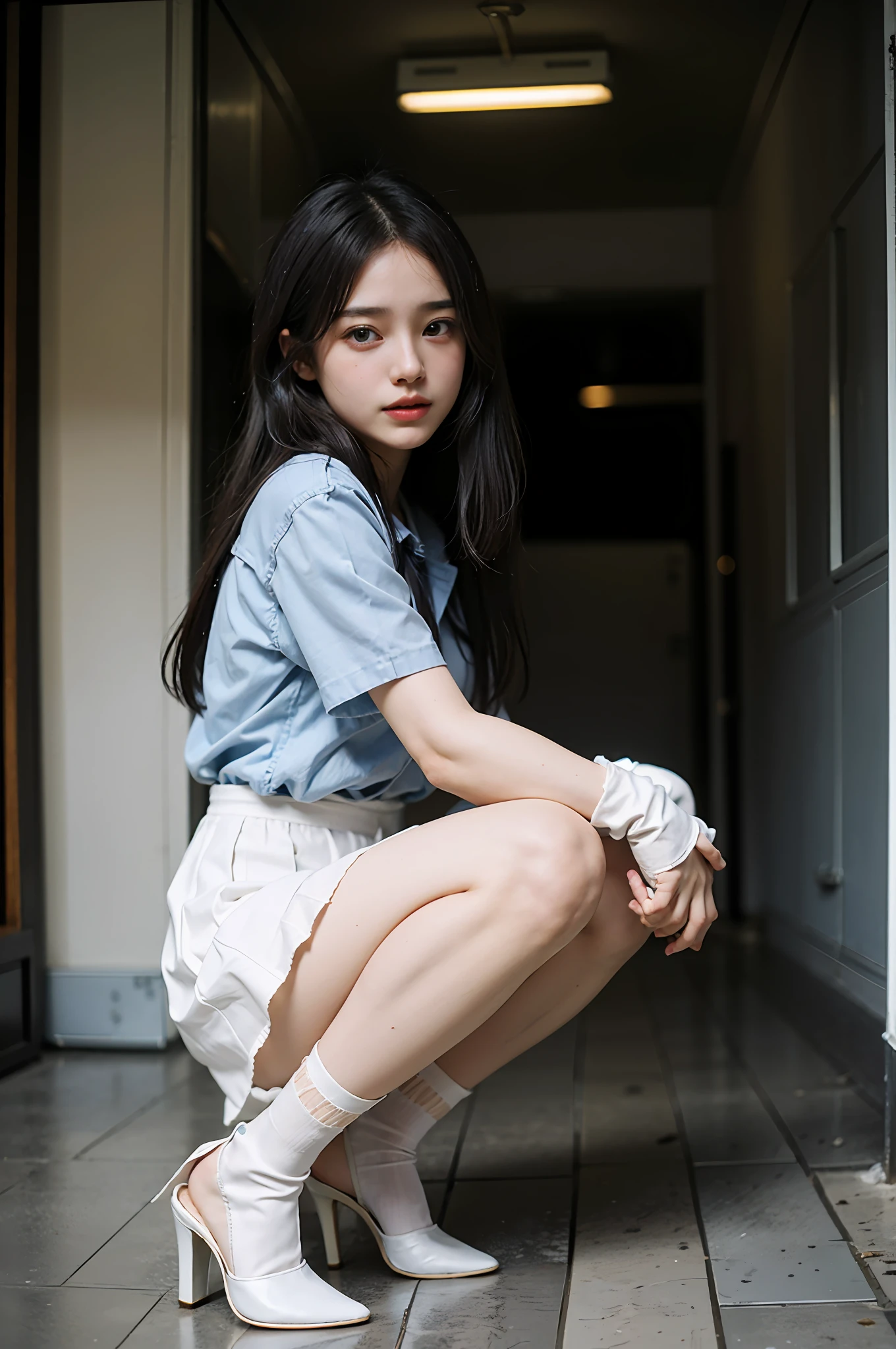 A beautiful girl, moving her center of gravity back, her feet forward and her hands outstretched, (white cotton gloves: 1.3), put her feet in the hand circle, very happy, no panties, thin legs, white short-sleeved top, tight skirt, knees 90 degrees, high heels on the ground, hands in front of feet, holding legs, kneeling, sidewalk, RAW photos, 8K, highest quality, super high resolution, beautiful face details, real human skin, front view, angle from below, long hair, realistic, realistic, cute, short skirt, Squatting deep in the city, cute schoolgirl, Japanese schoolgirl uniform, surreal high school girl, full body,