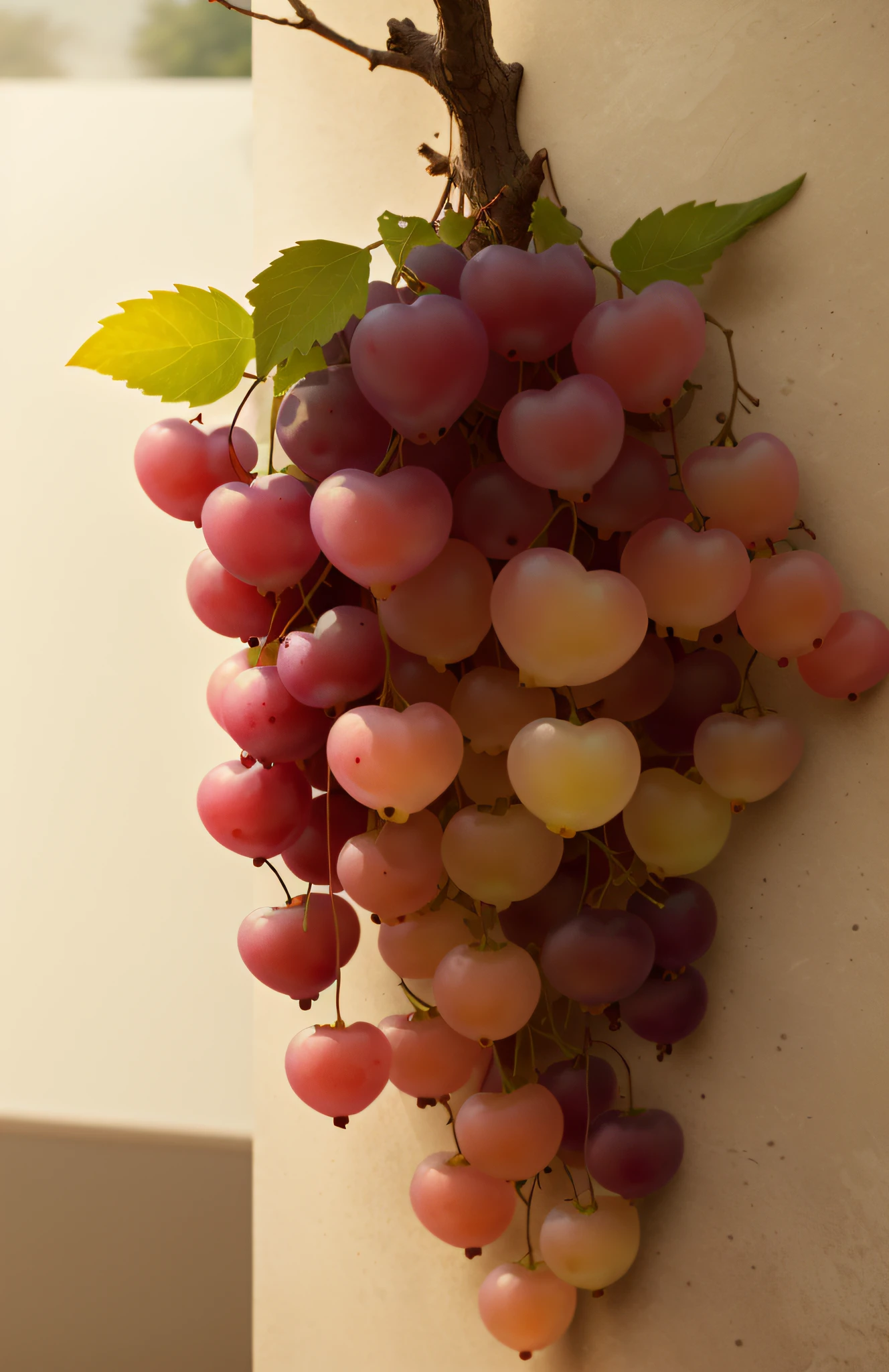 A bunch of grapes hangs on the wall, translucent grapes, , rendered in povray, Close-up of translucent grapes, taken with a Sony A7R camera, taken with canon 8 0 d, red peach, taken with canon eos 5 d, semi - realistic render, soft render, taken with sony alpha 9, Rendered in V-Ray