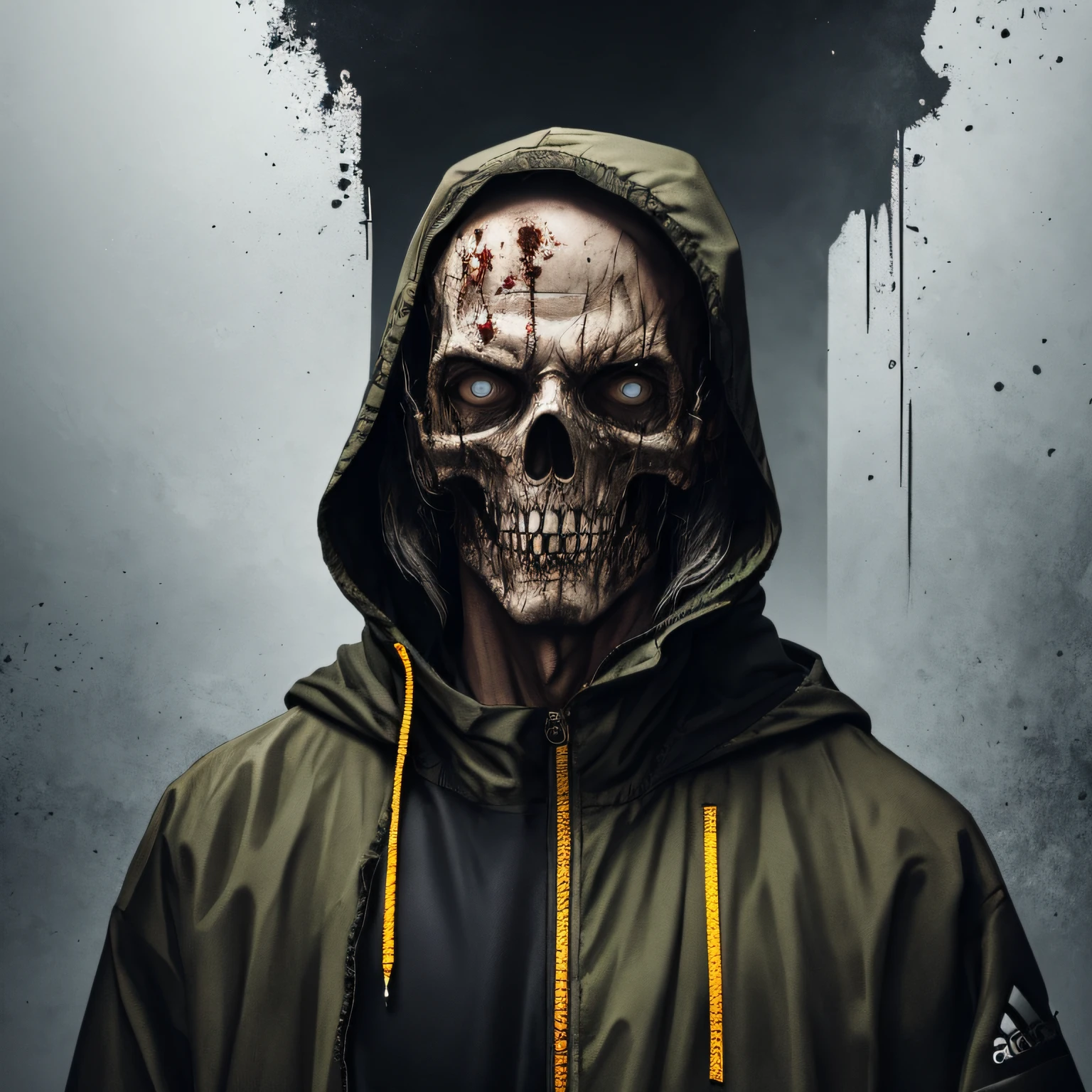 Create an ultra-wide photo of a decrepit zombie wearing an Adidas coat and hood, set against an abstract background. The overall style of the image should be a minimalist fashion with an Artgem twist. The zombie should be rendered in a decrepit and cadaveric style, with a focus on creating a sense of horror and decay. The Adidas coat and hood should be rendered in high detail, with a focus on capturing the texture and style of the clothing. The background of the image should be an abstract design, with a focus on creating a sense of depth and contrast to the foreground. The image should be rendered in a wide format, with a focus on creating a sense of scale and drama to the scene. --auto