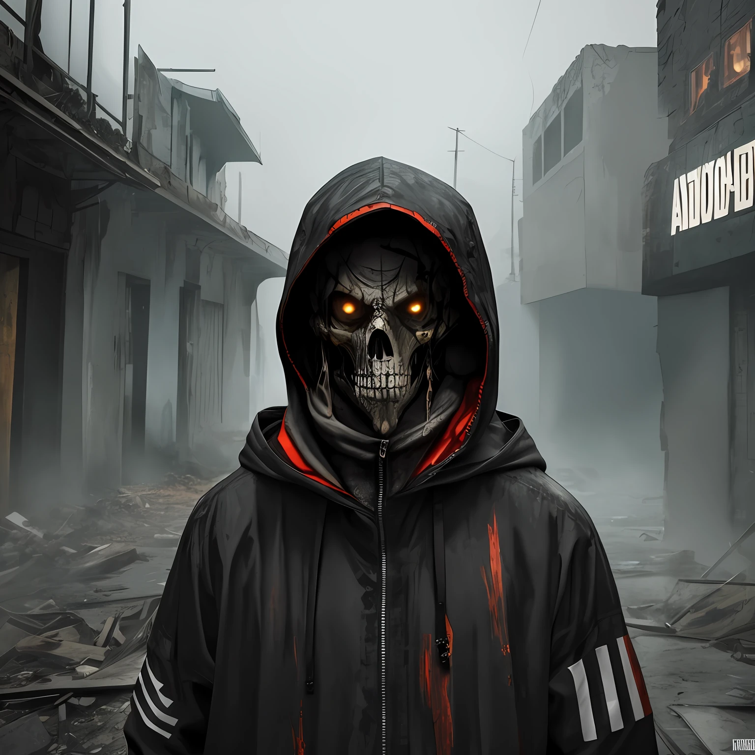 Create an ultra-wide photo of a decrepit zombie wearing an Adidas coat and hood, set against an abstract background. The overall style of the image should be a minimalist fashion with an Artgem twist. The zombie should be rendered in a decrepit and cadaveric style, with a focus on creating a sense of horror and decay. The Adidas coat and hood should be rendered in high detail, with a focus on capturing the texture and style of the clothing. The background of the image should be an abstract design, with a focus on creating a sense of depth and contrast to the foreground. The image should be rendered in a wide format, with a focus on creating a sense of scale and drama to the scene. --auto