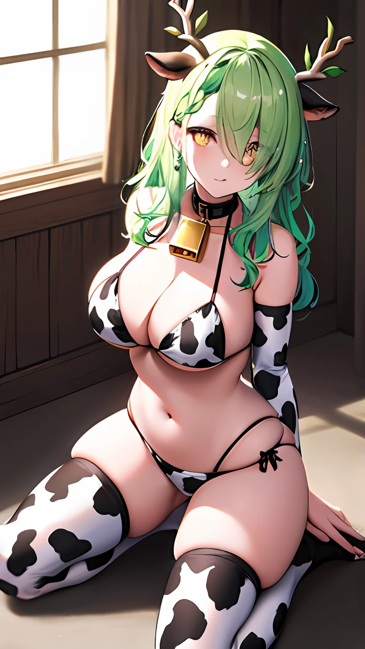 Masterpiece,Best quality,CG,the wallpaper,High quality,k hd,Extremely detailed, 4K, 8K, HBAO, hdr, (Beautiful eyes, perfectfingers,:1.3), Kneeling, Focus butt, 1girll, Ceres fauna, Breasts, Solo, cow print,  Bikini, Green hair, bell, flower, hair flower, (Yellow eyes:1.3), upper legs, Branches like horns, Large breasts, navel, hair adornments, Long hair, cowbell, Neckbells, deer antlers, cleavage, print legwear, dark mole, , stomach, Moles under eyes, Leaf bodice, Wavy hair, Braid, Thighs, Collar, multicolored hair, bridalgauntlets, Printed bikini, flor branca, bangs, String bikini, Cow ears,