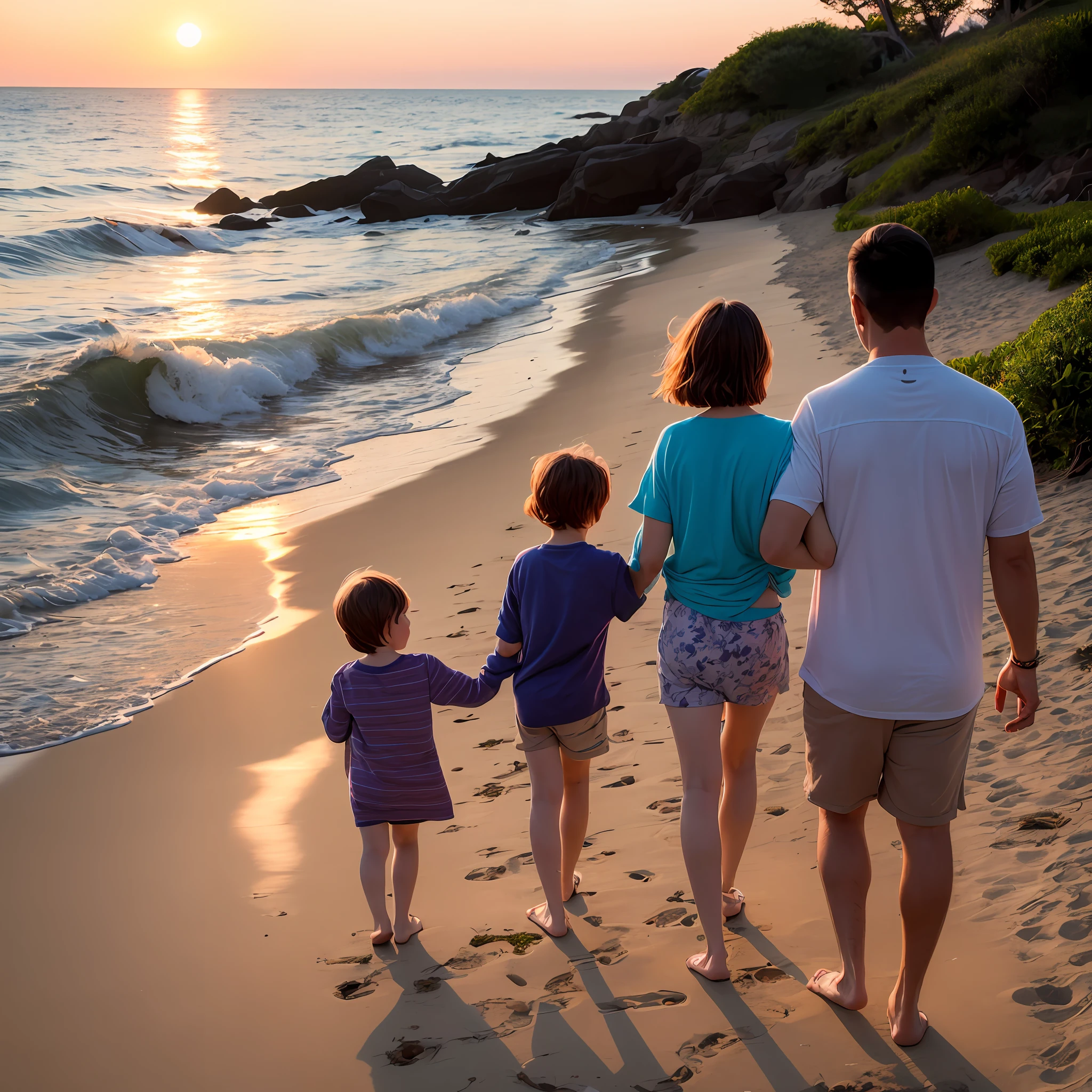 A family walking on a beach while the sun is setting in the west --auto