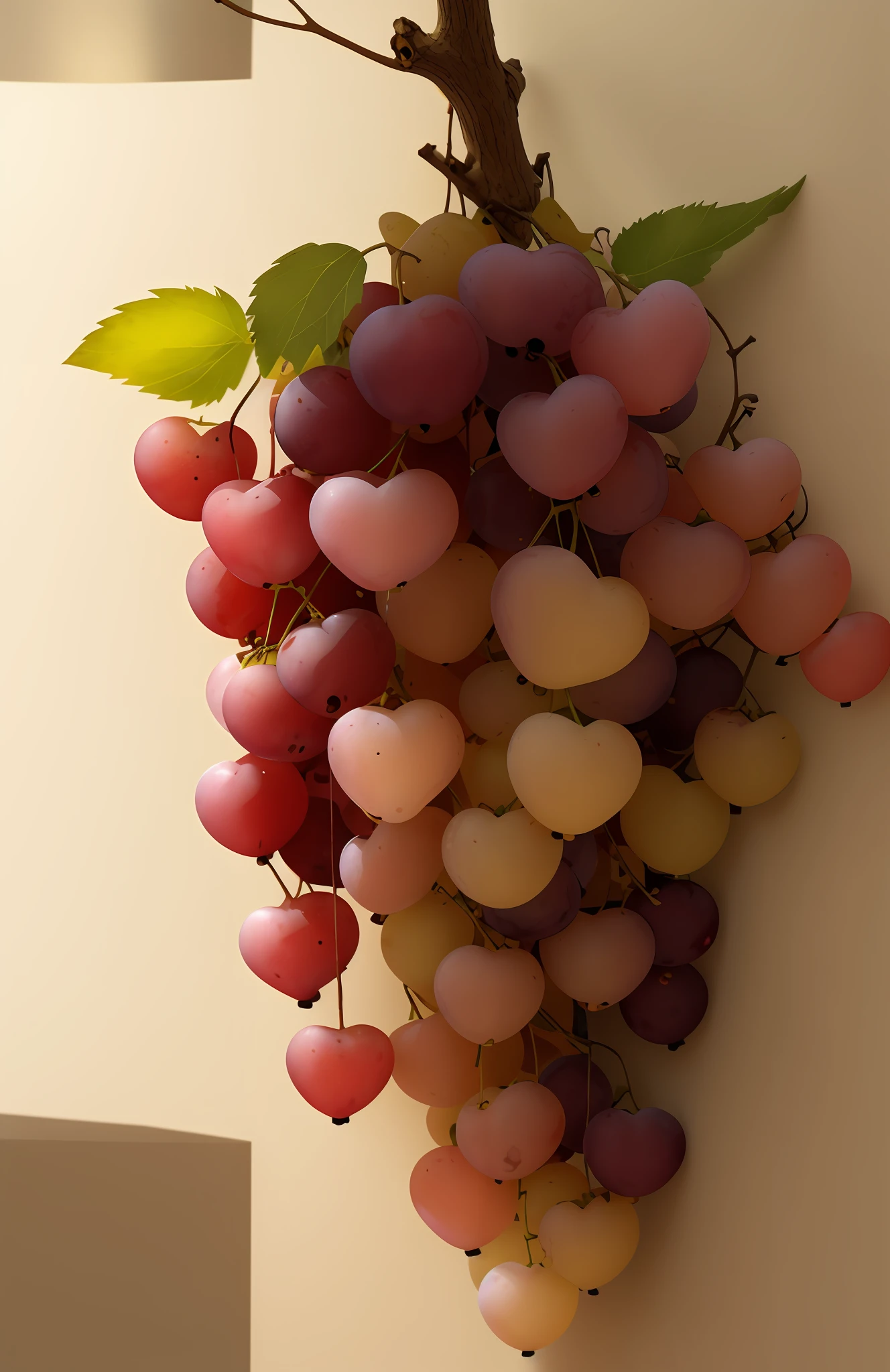 A bunch of grapes hangs on the wall, translucent grapes, , rendered in povray, Close-up of translucent grapes, taken with a Sony A7R camera, taken with canon 8 0 d, red peach, taken with canon eos 5 d, semi - realistic render, soft render, taken with sony alpha 9, Rendered in V-Ray