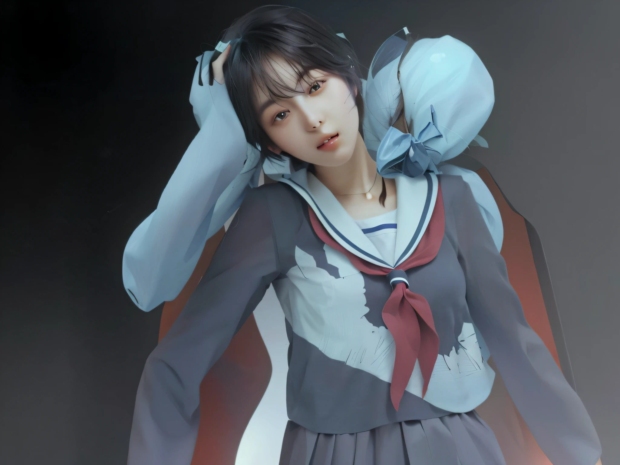 (8k, highest quality, masterpiece: 1.2), (realistic, photorealistic: 1.37), ultra detail, highest quality, ultra high resolution, professional lighting, photon mapping, radiosity, physically based rendering, cinematic lighting, depth of field, focusing, moonlight, good composition, (bokeh: 1.2), 1 girl, (full body), (closed mouth), beautiful eyes, pose, Constriction, High School Girl Uniform, Black Hair, Unkempt Hair, Short Hair Fluttering in the Wind, (ulzzang-6500:1.2) mix4, hiqcgbody