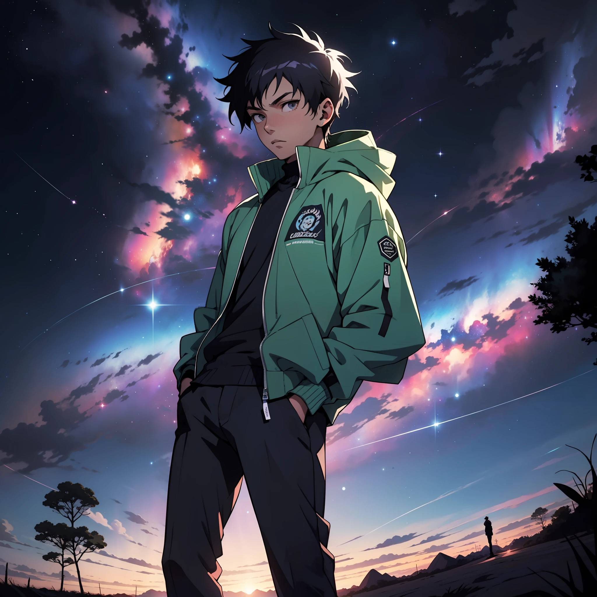 Young man facing standing wearing a sweatshirt jacket with galaxies and nebulae in the background (estilo anime) --auto